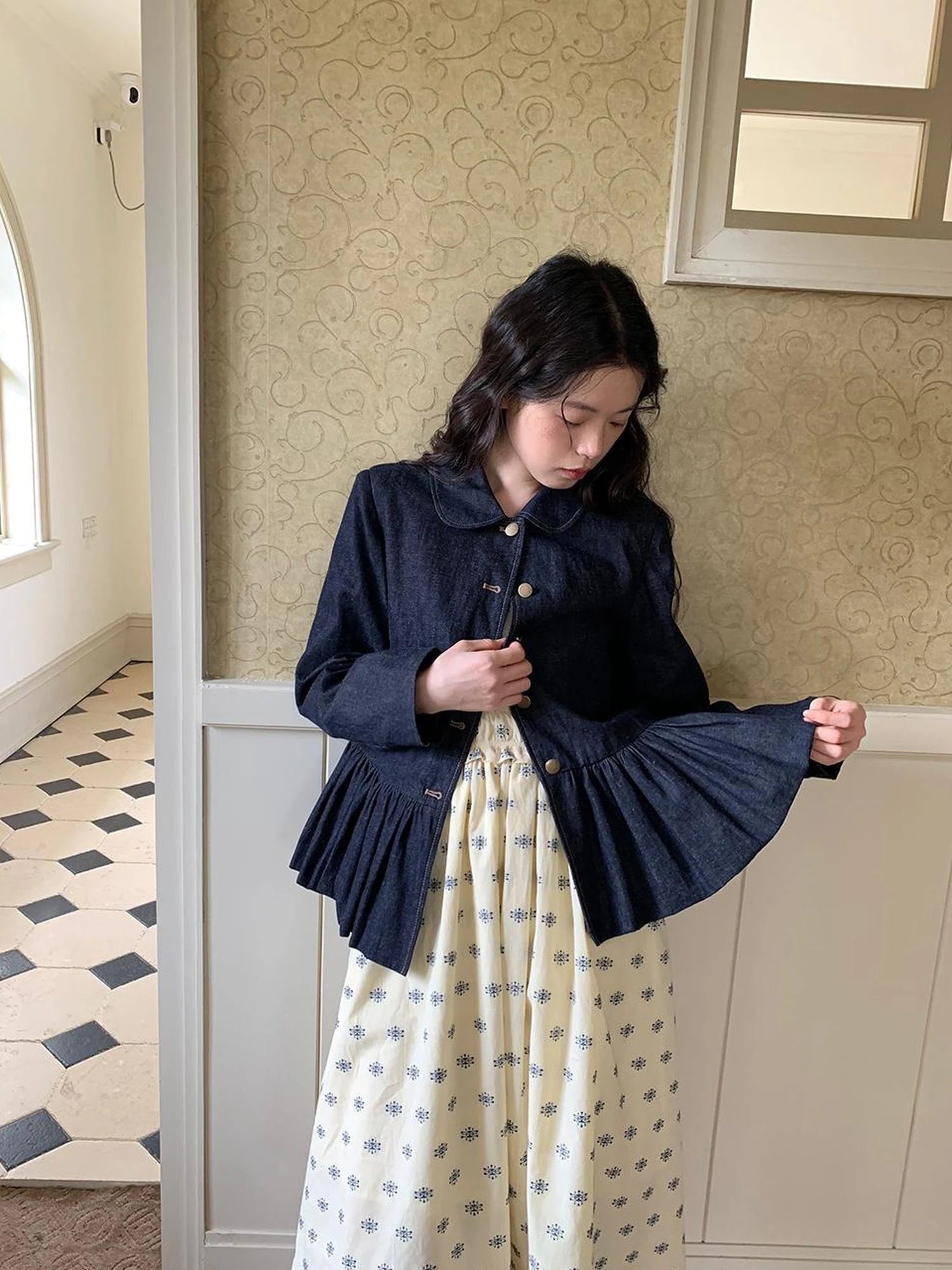 Vintage Indigo Washed Denim Jacket With Floral Collar