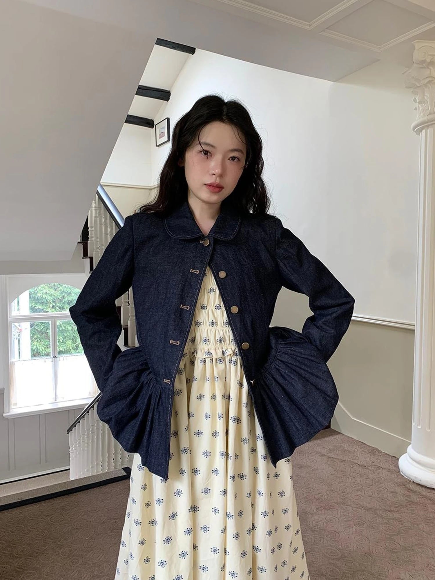 Vintage Indigo Washed Denim Jacket With Floral Collar