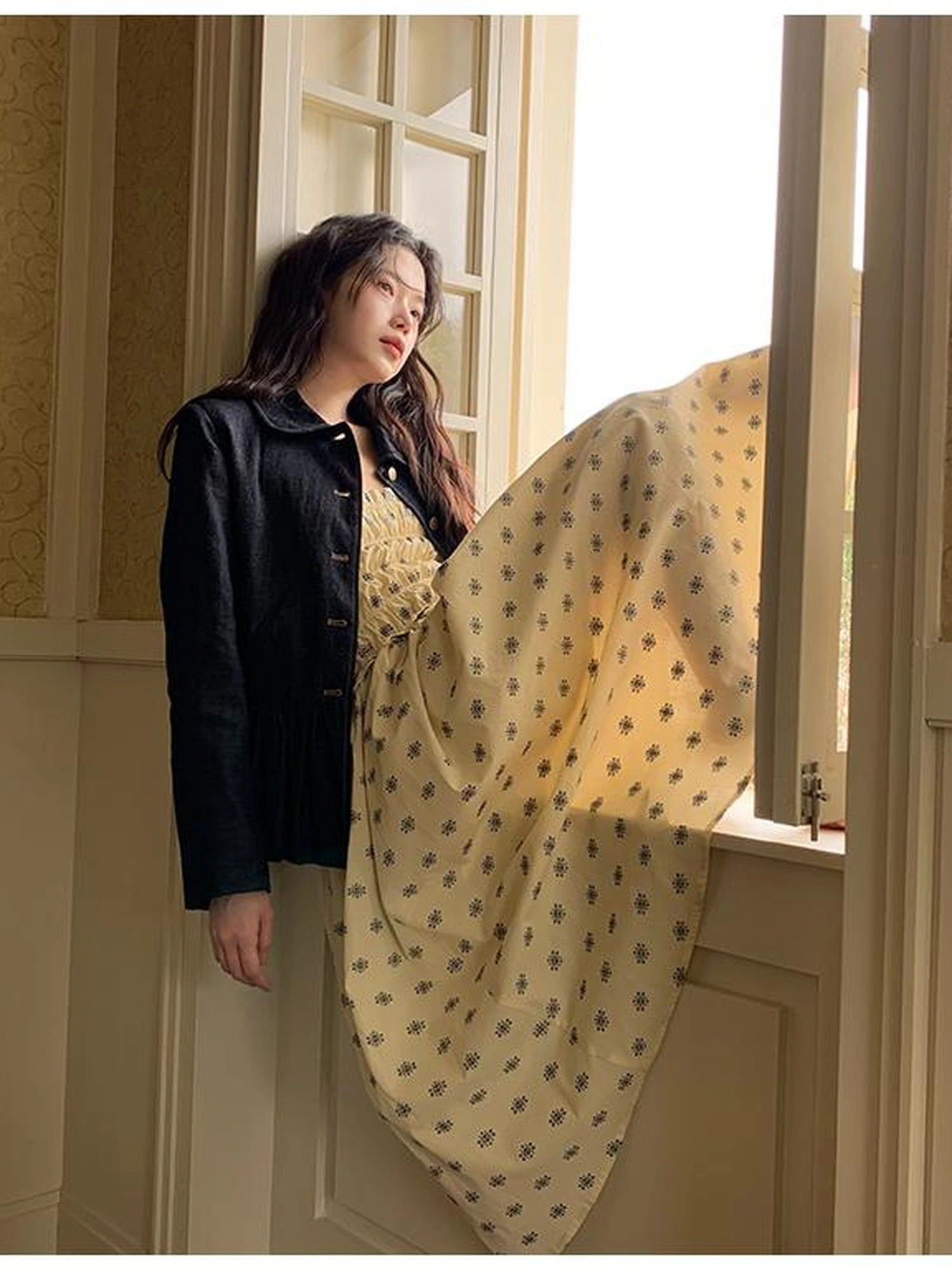 Vintage Indigo Washed Denim Jacket With Floral Collar