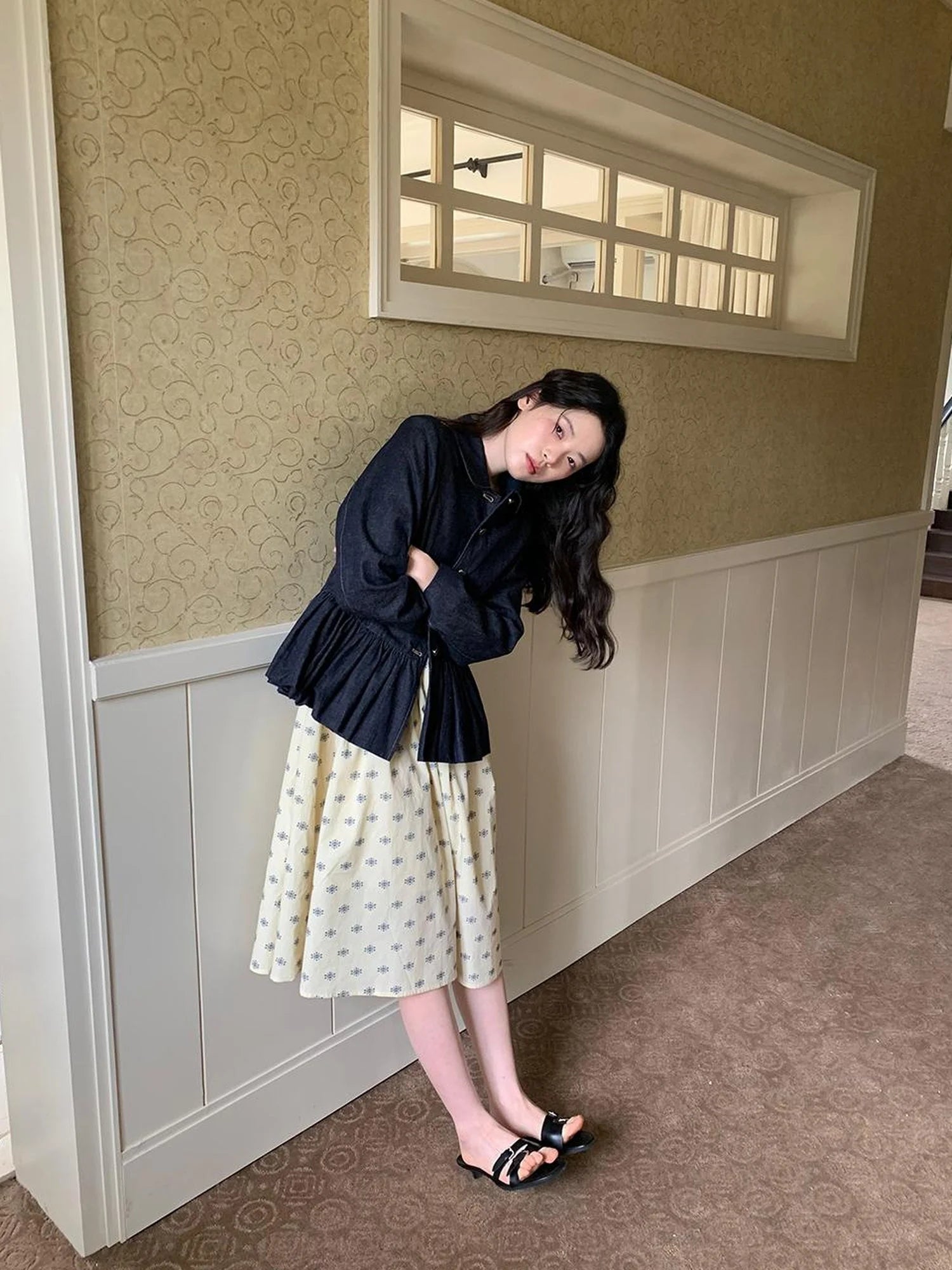 Vintage Indigo Washed Denim Jacket With Floral Collar