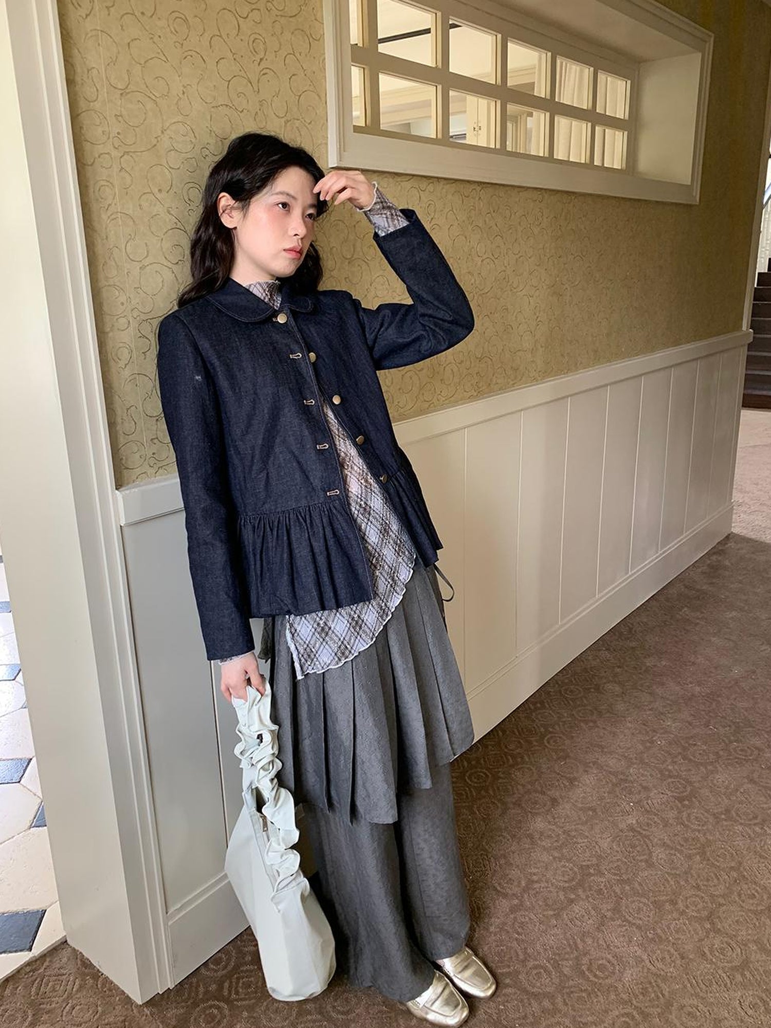 Dorydory Vintage Indigo Washed Denim Jacket With Floral Collar