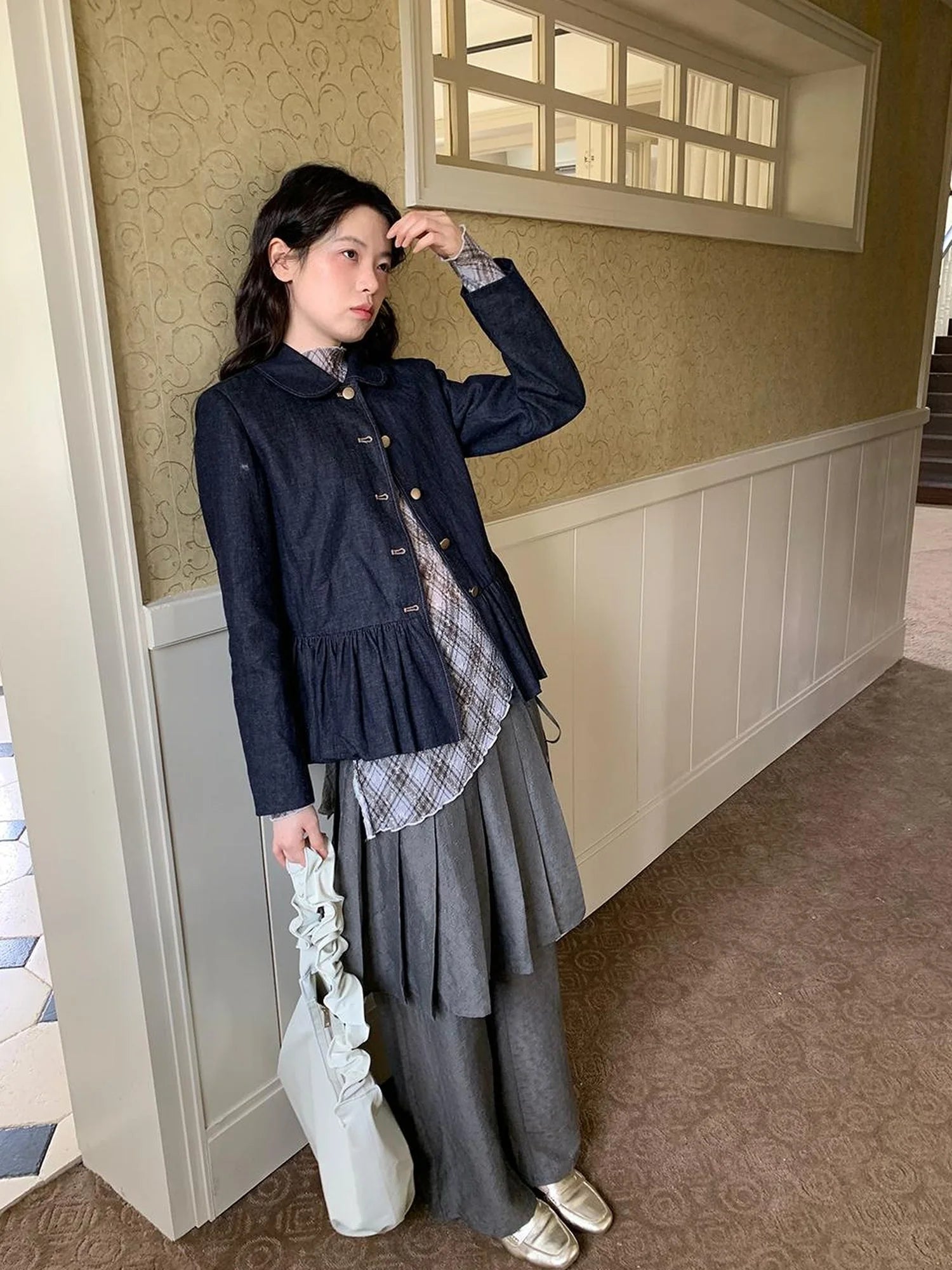 Vintage Indigo Washed Denim Jacket With Floral Collar