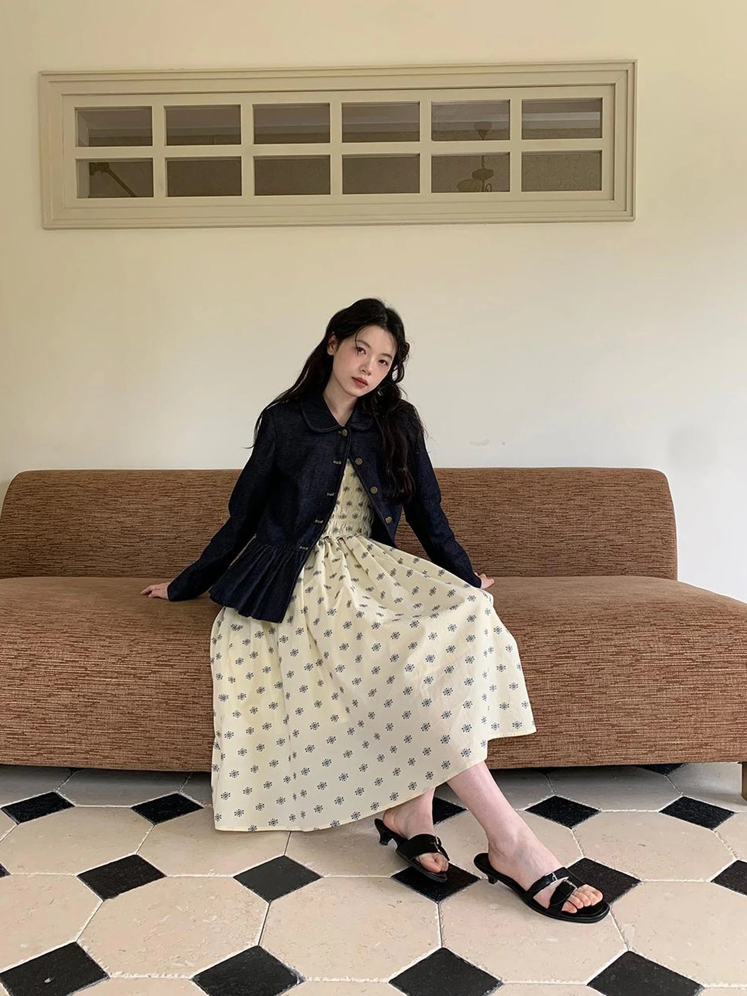 Vintage Indigo Washed Denim Jacket With Floral Collar