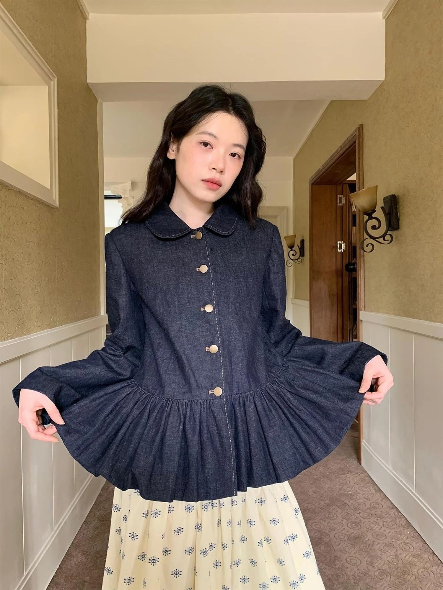 Vintage Indigo Washed Denim Jacket With Floral Collar