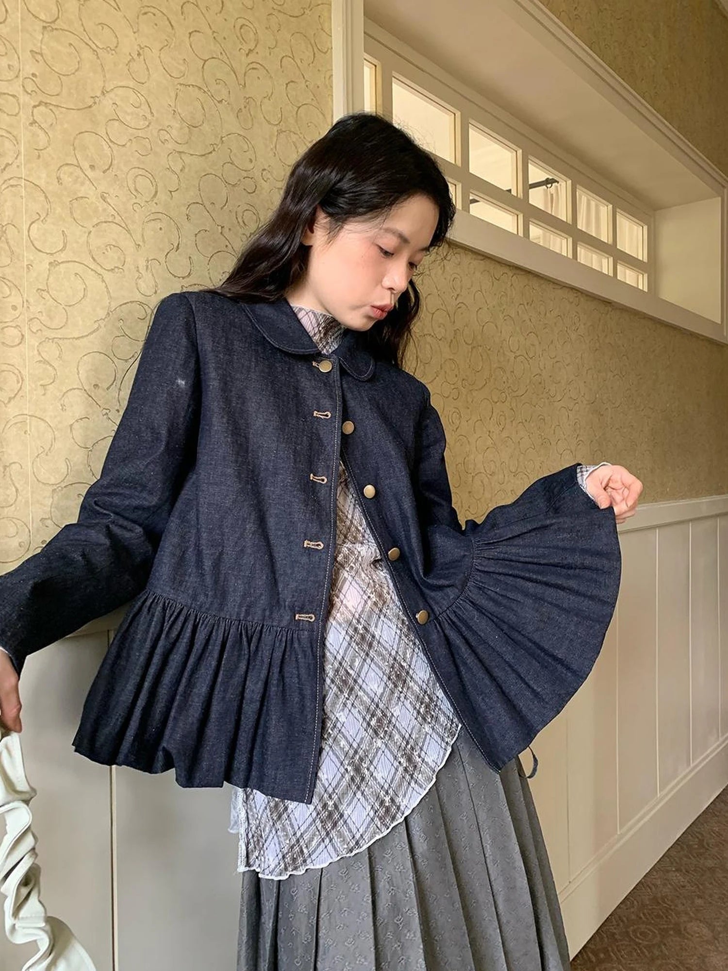 Vintage Indigo Washed Denim Jacket With Floral Collar