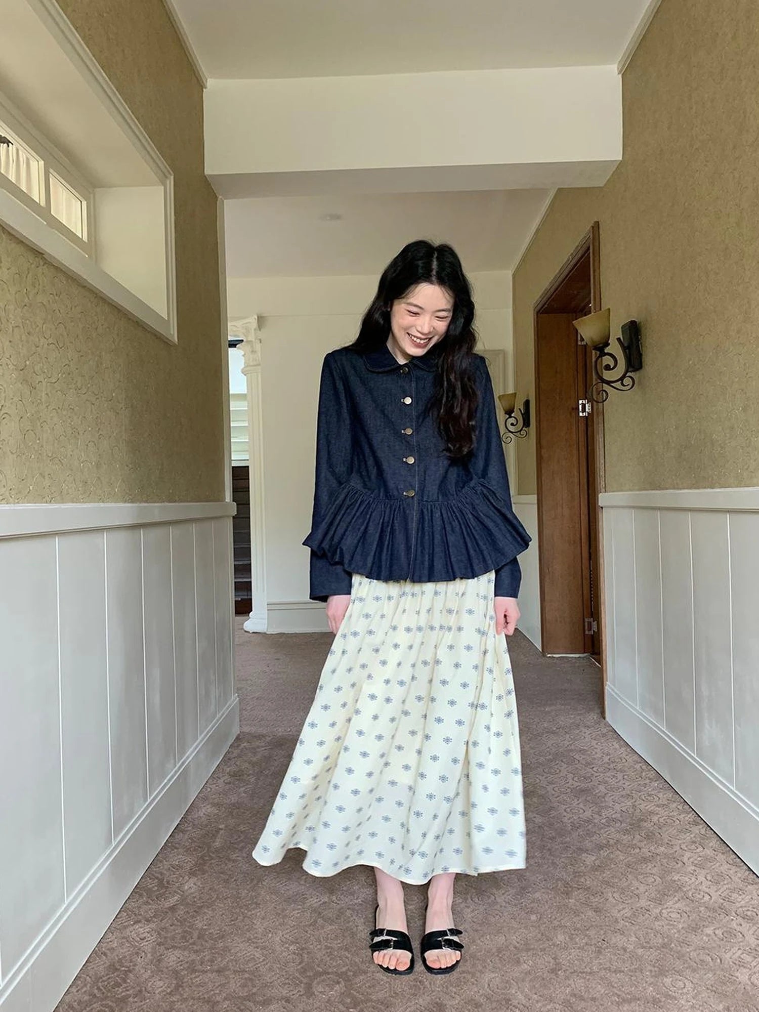 Vintage Indigo Washed Denim Jacket With Floral Collar