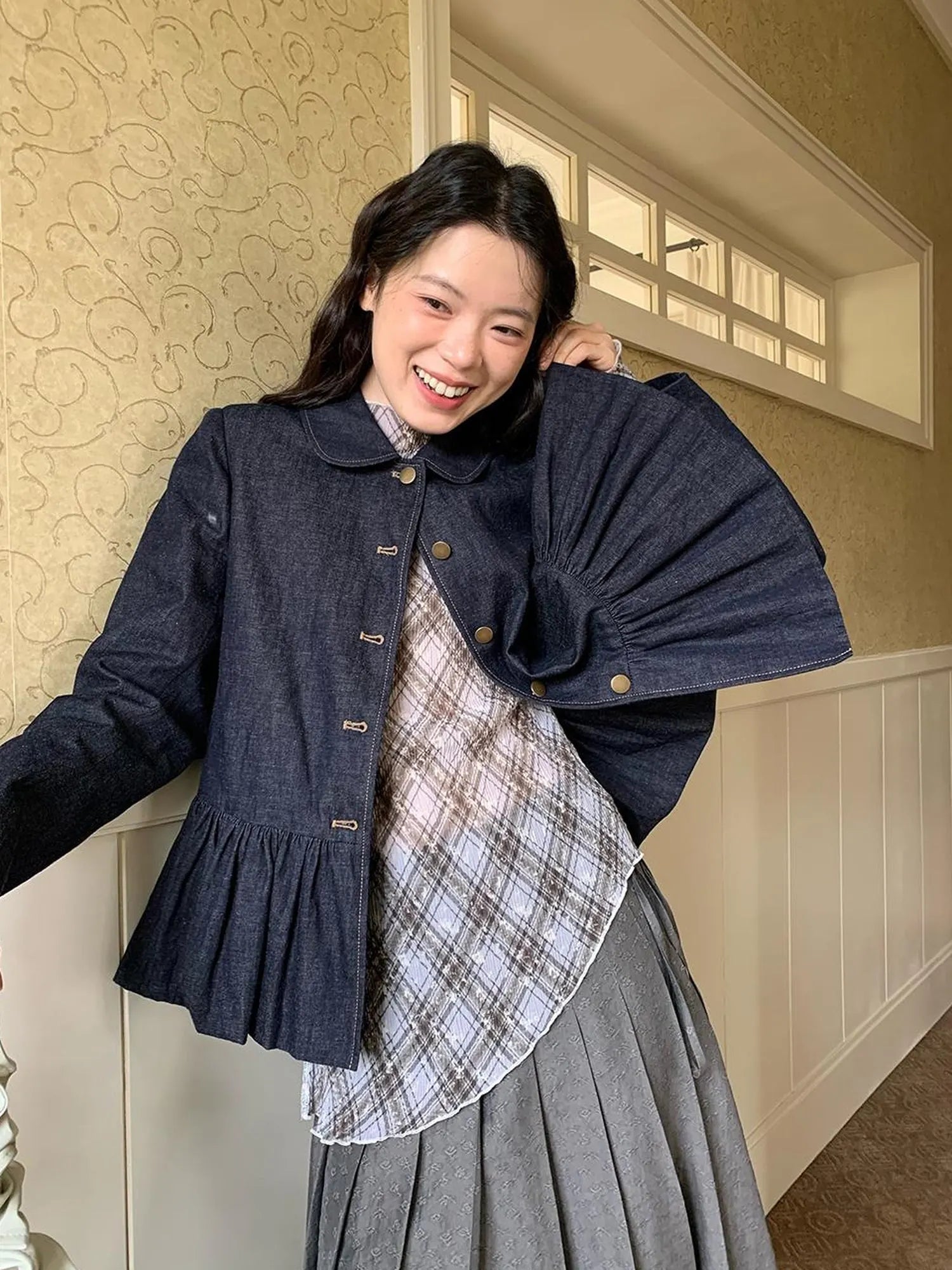 Vintage Indigo Washed Denim Jacket With Floral Collar