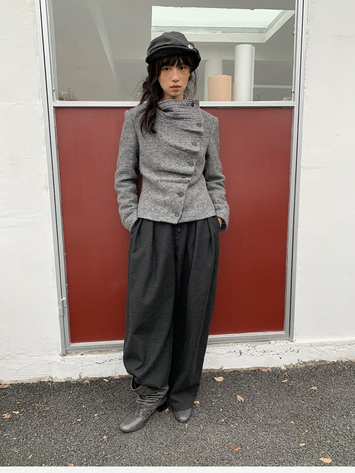 Dorydory Vintage Knit Trim Irregular Placket Wool Blend Women&