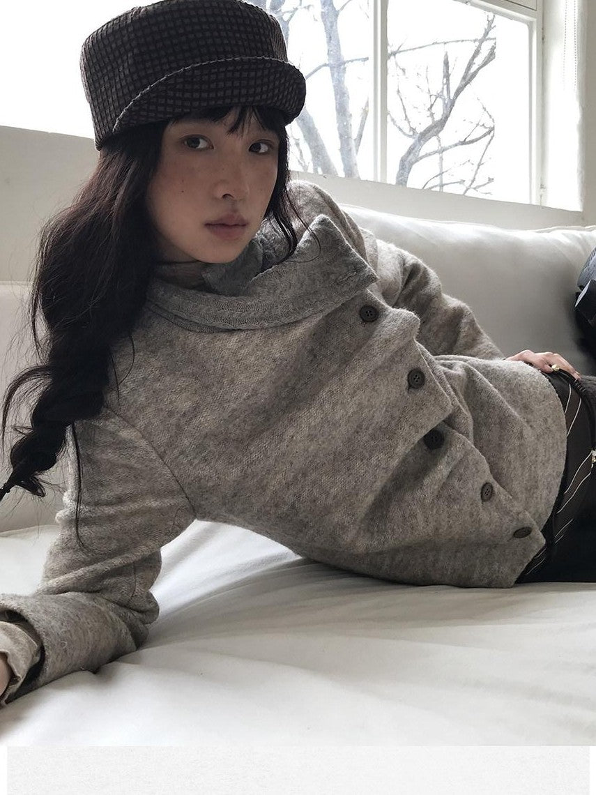 Dorydory Vintage Knit Trim Irregular Placket Wool Blend Women&