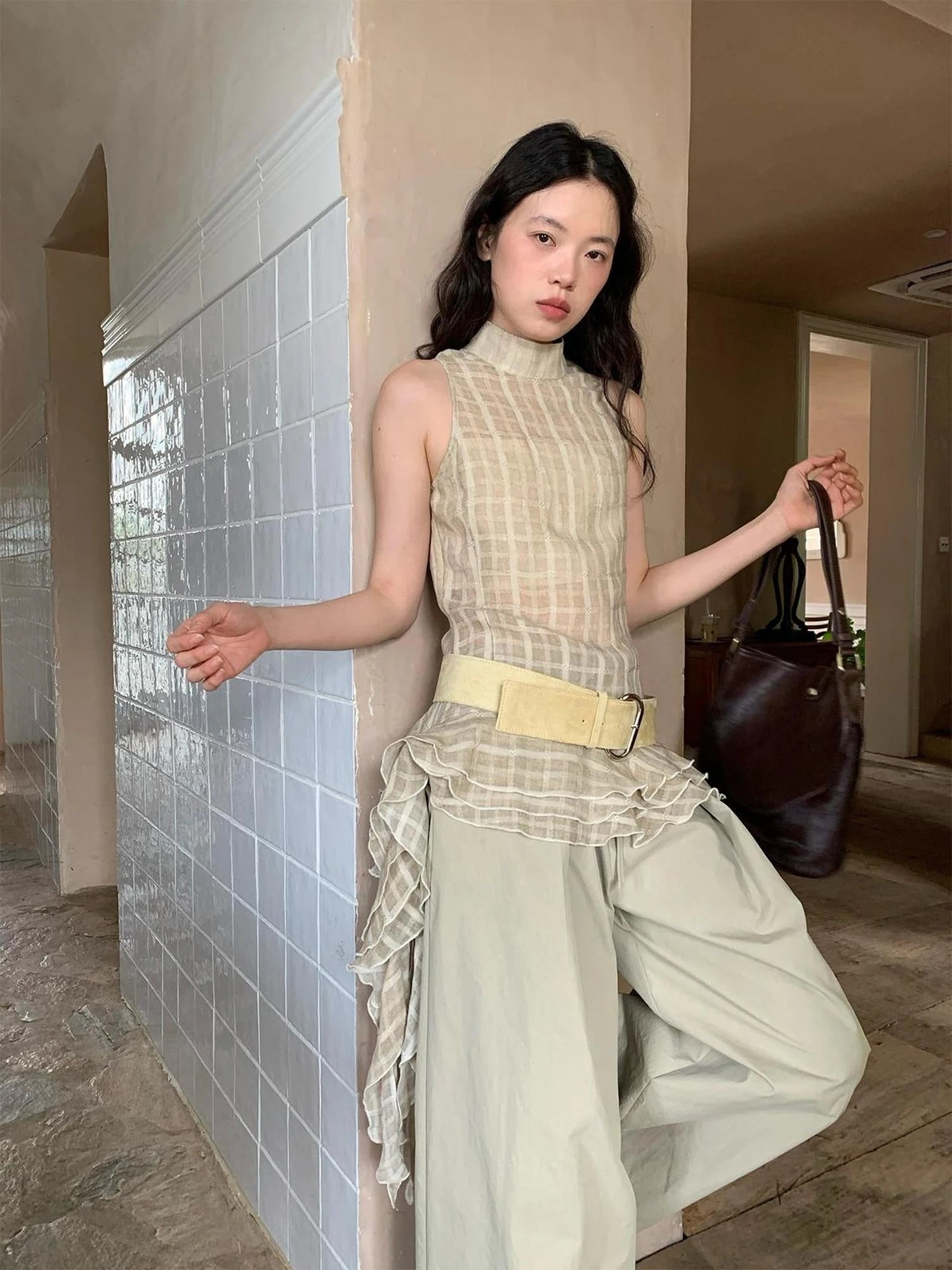 Vintage Lace Trim Checked Bustier Top