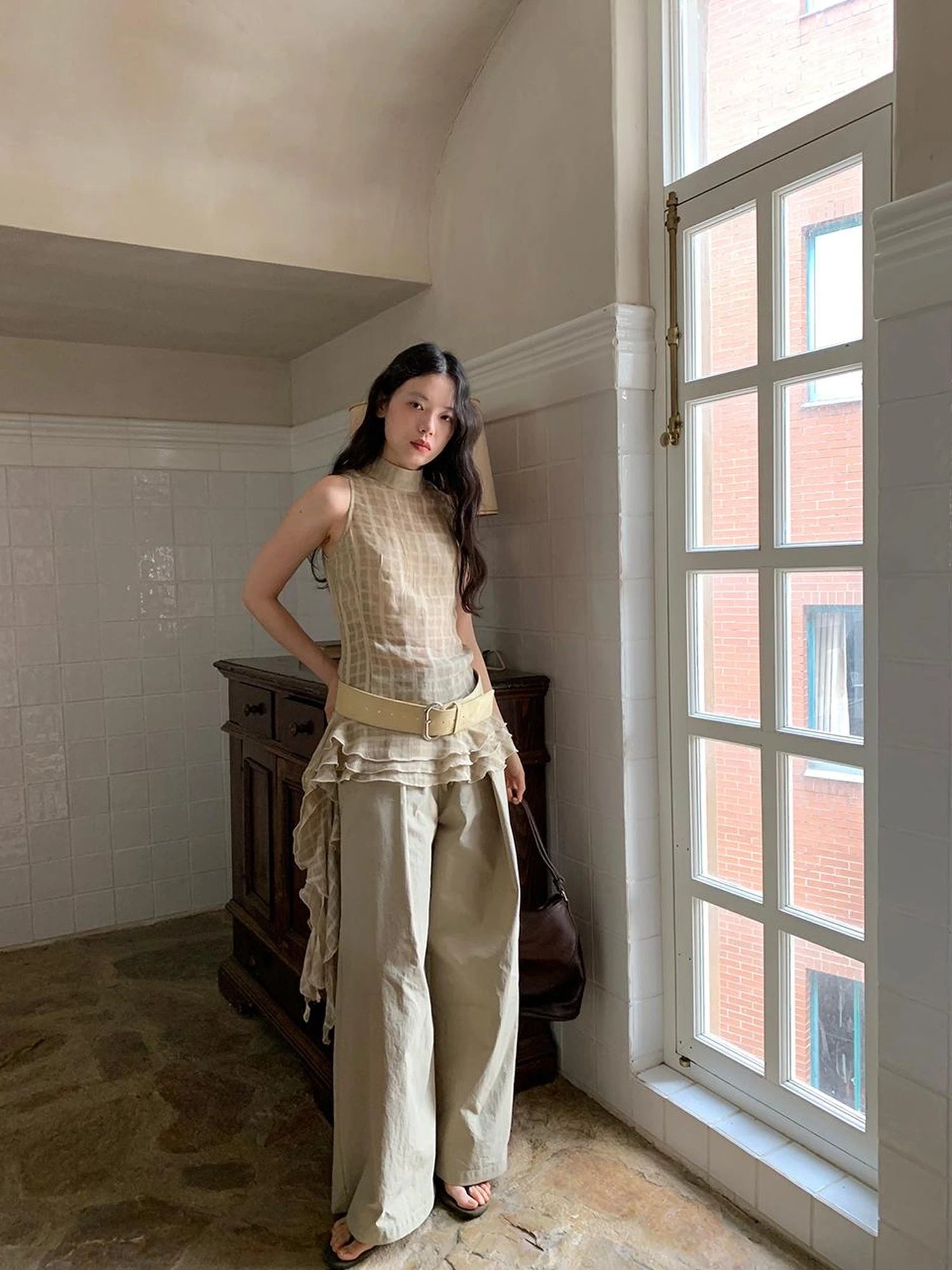 Vintage Lace Trim Checked Bustier Top