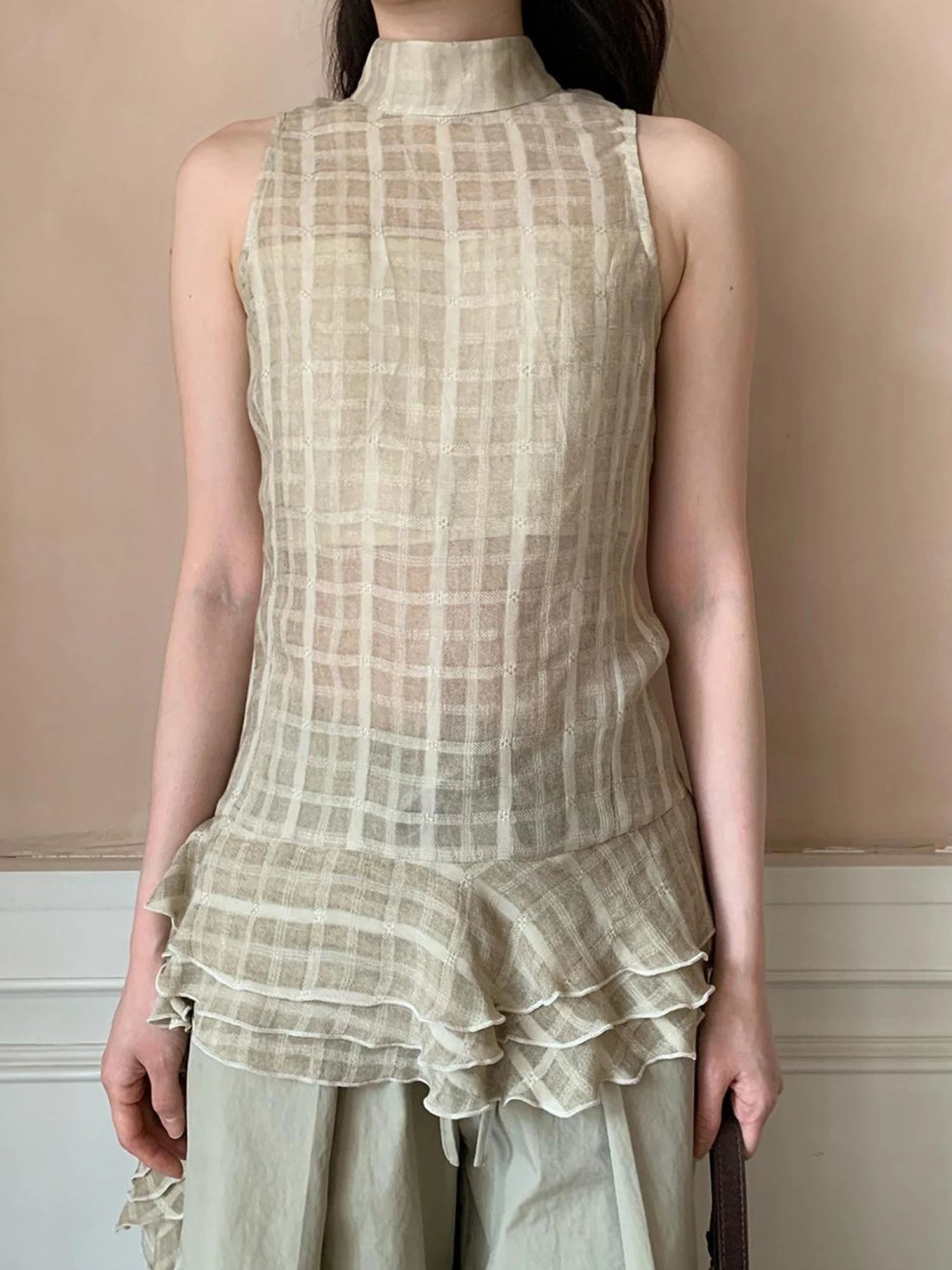 Vintage Lace Trim Checked Bustier Top