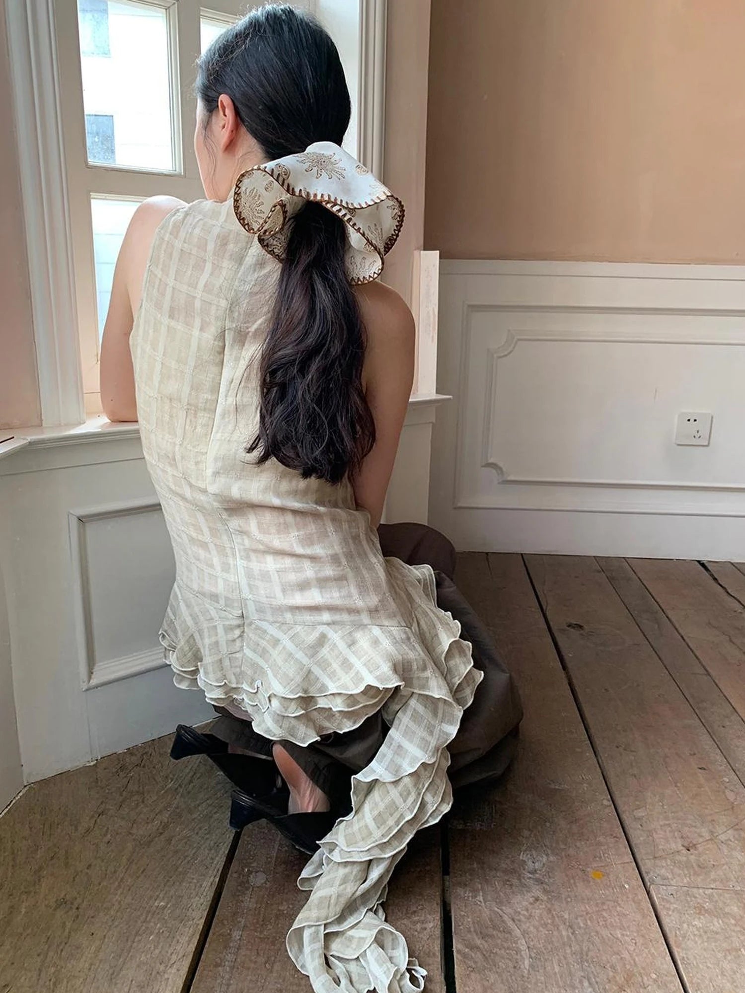 Vintage Lace Trim Checked Bustier Top