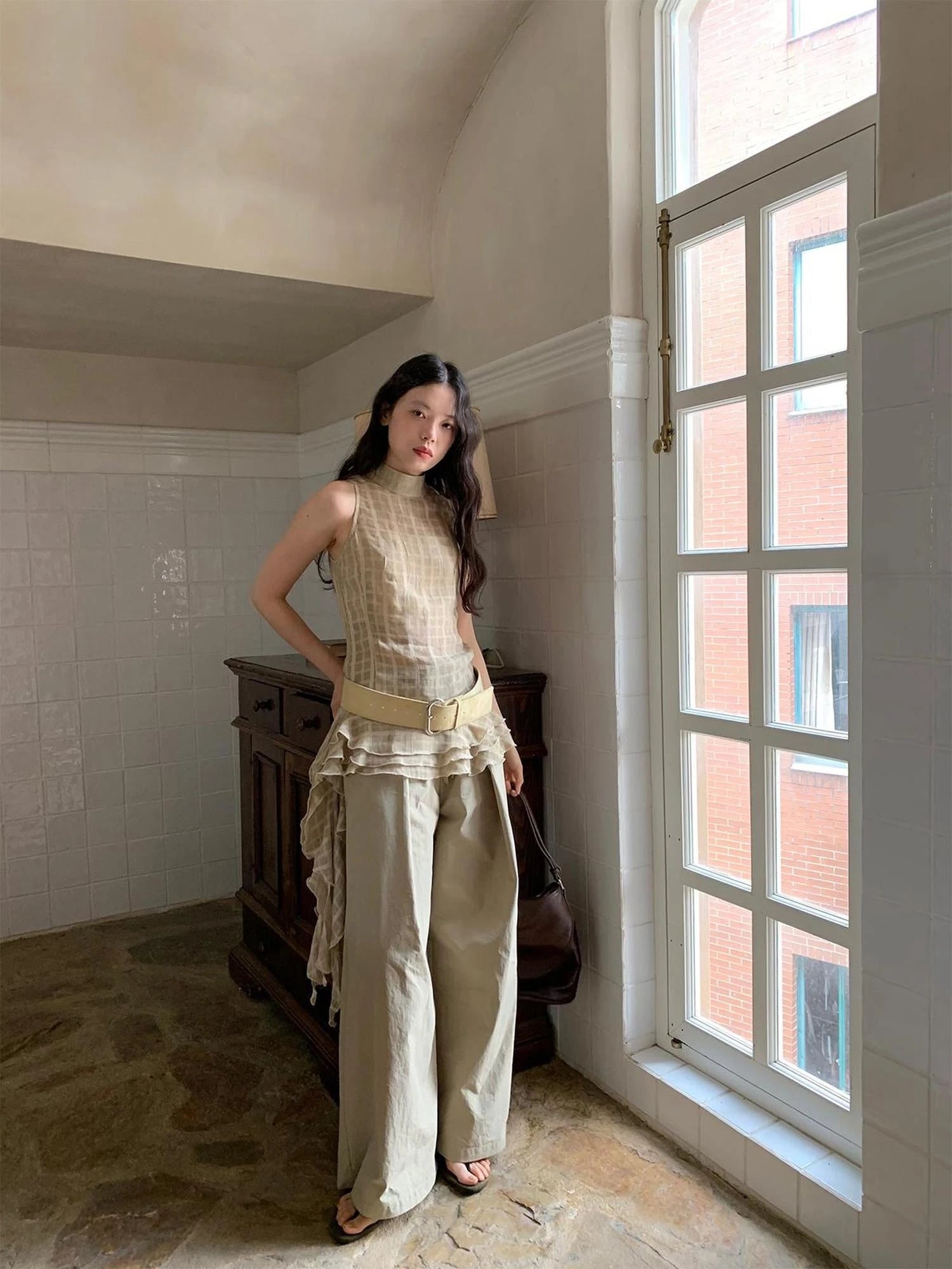 Vintage Lace Trim Checked Bustier Top