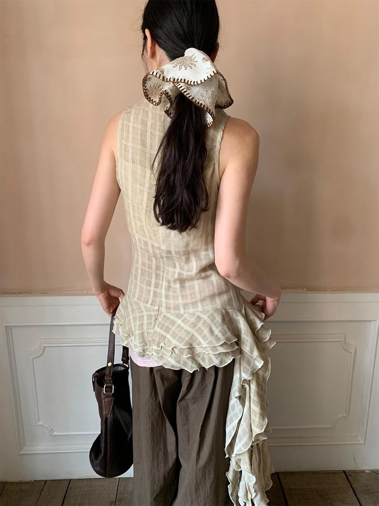 Dorydory Vintage Lace Trim Checked Bustier Top
