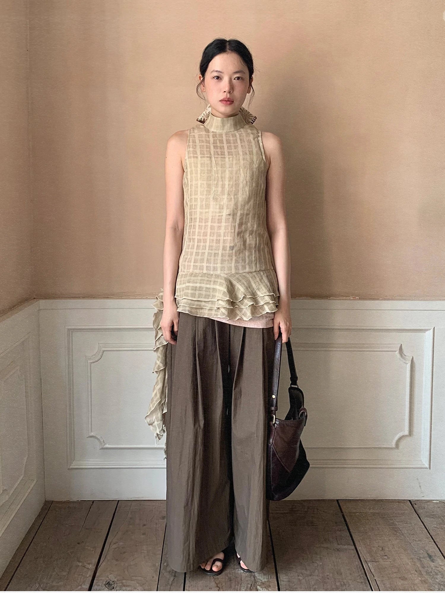 Vintage Lace Trim Checked Bustier Top