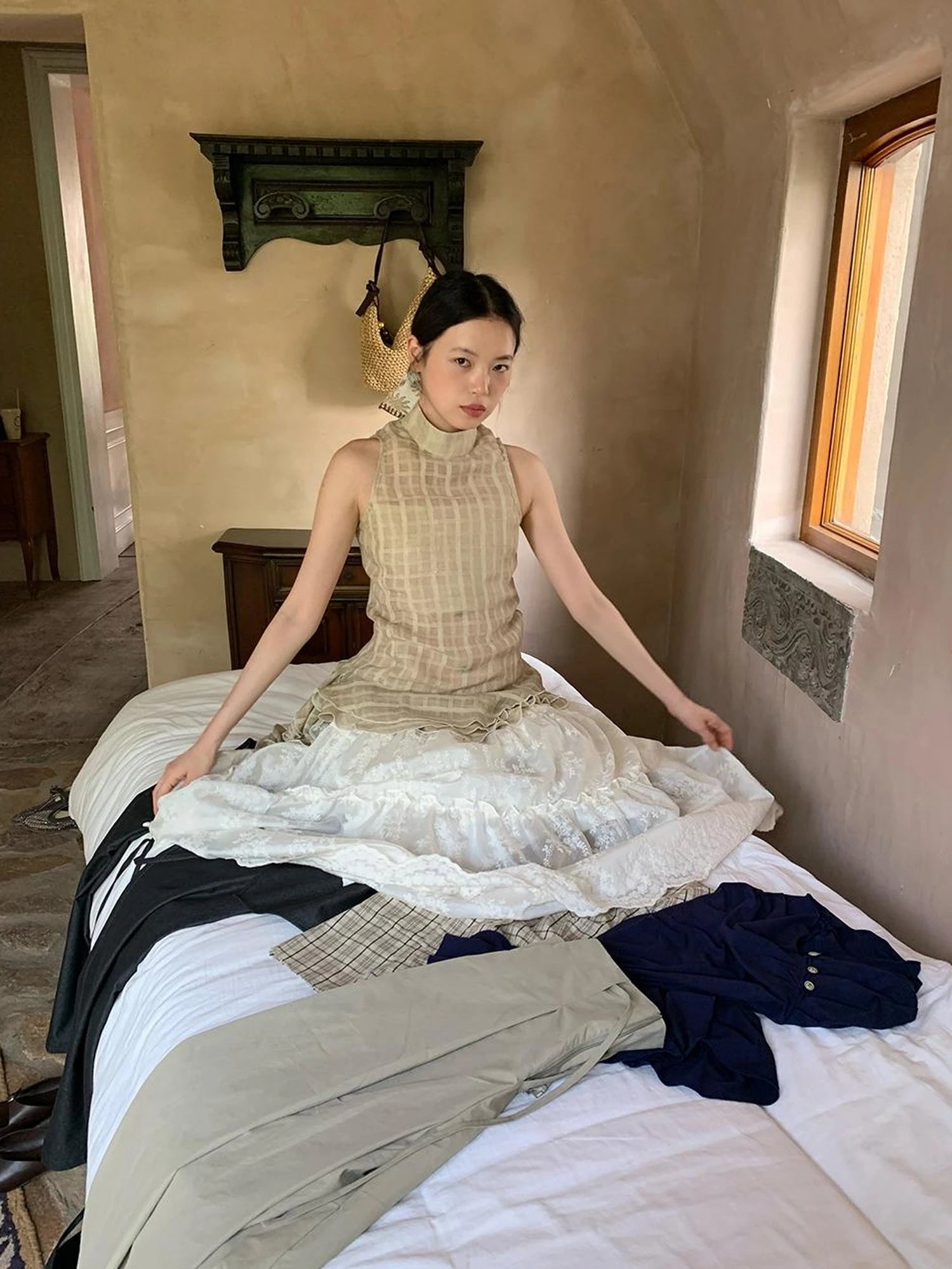 Vintage Lace Trim Checked Bustier Top