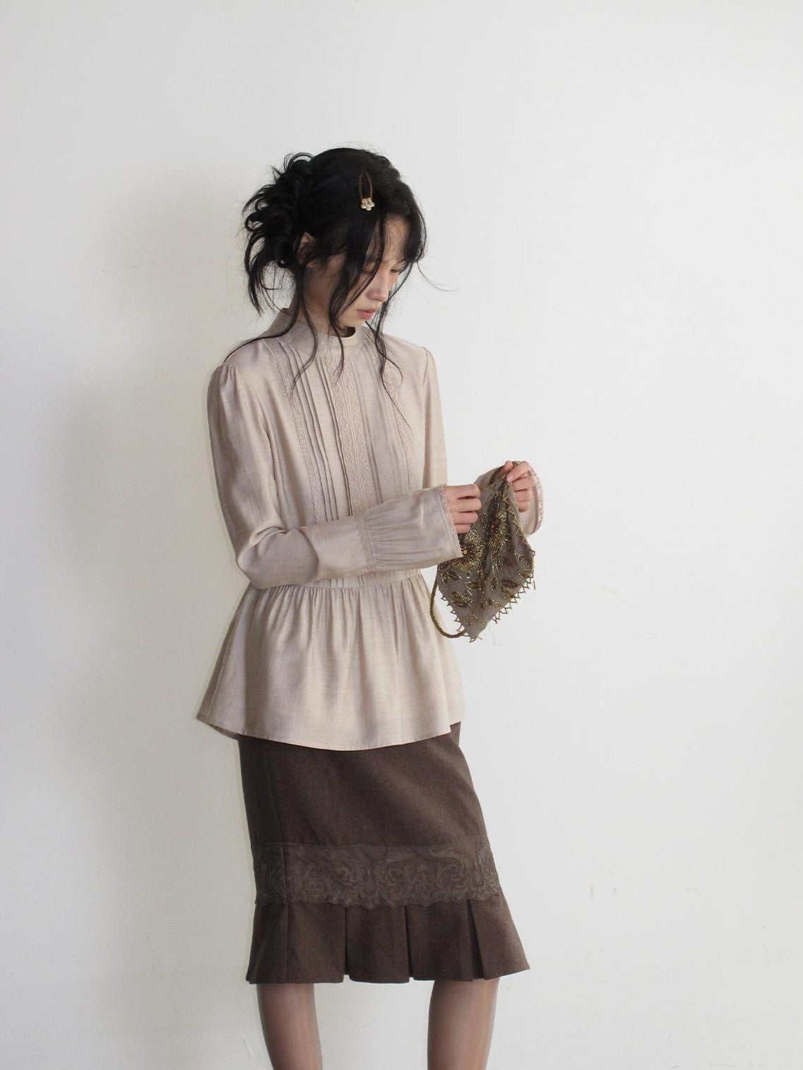 Dorydory Vintage Lace Trim Pleated Hem High Waist Mermaid Wool Women&