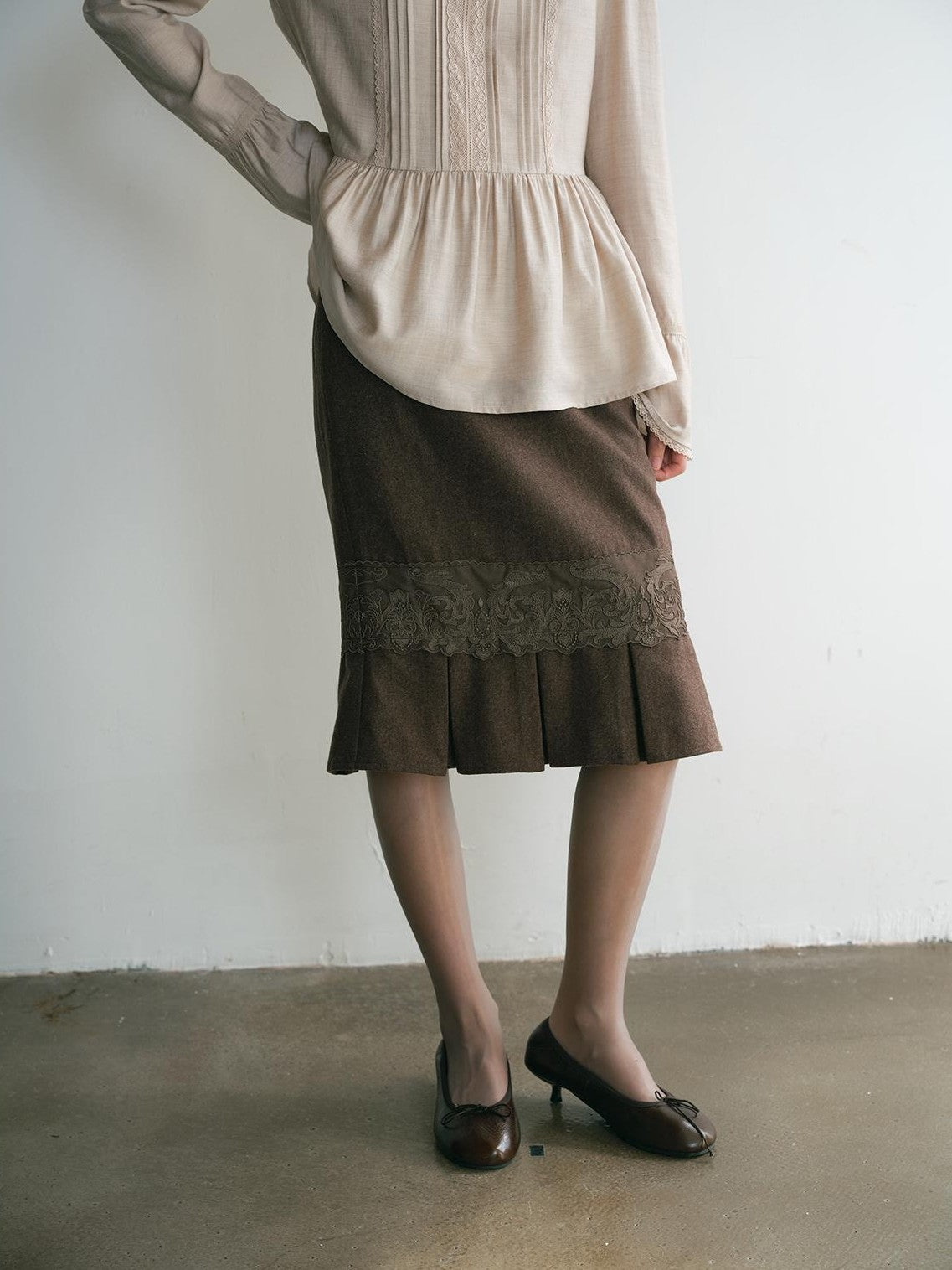 Dorydory Vintage Lace Trim Pleated Hem High Waist Mermaid Wool Women&