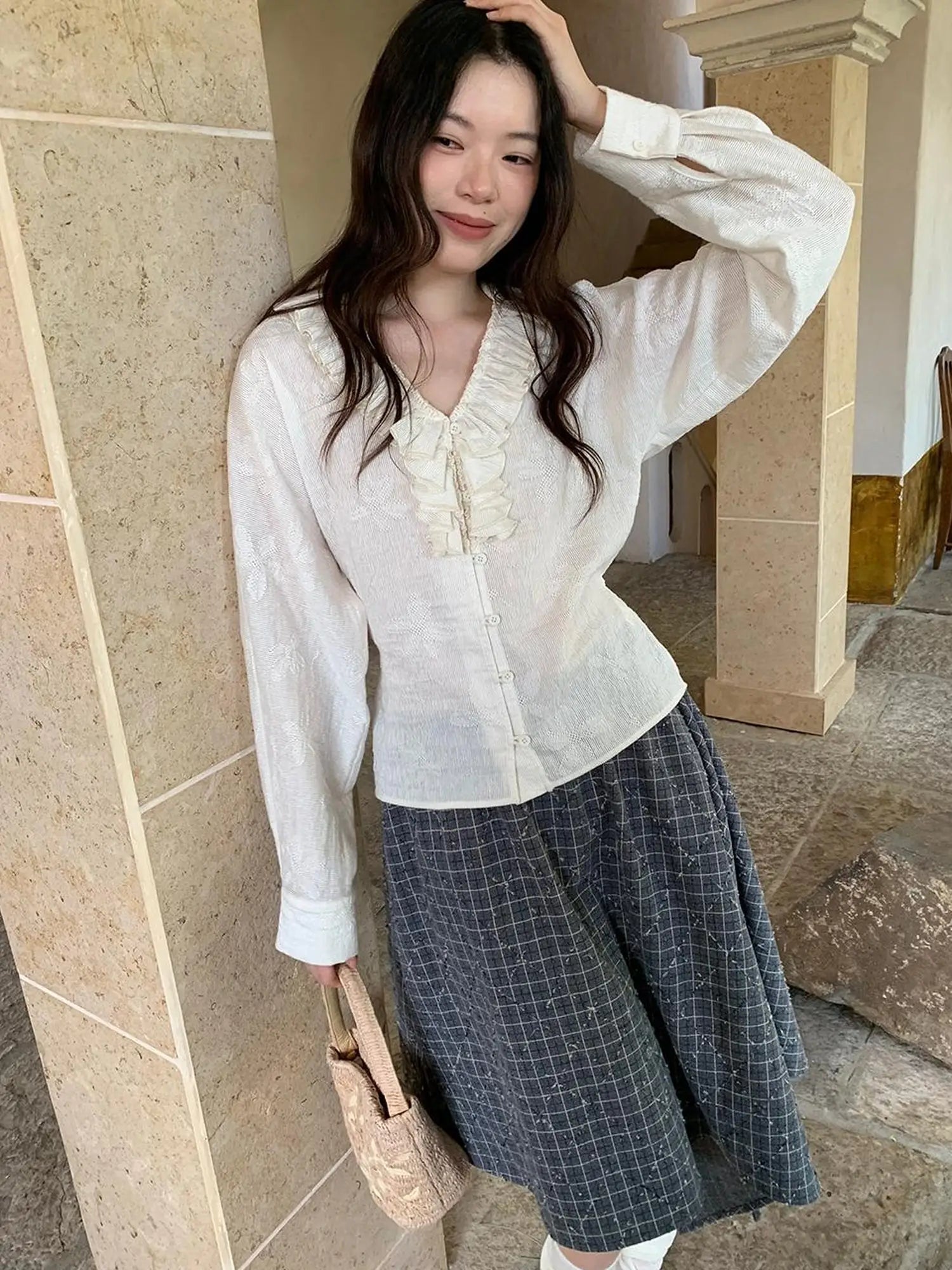 Vintage Lace Trimmed V-Neck Blouse With Floral Lace