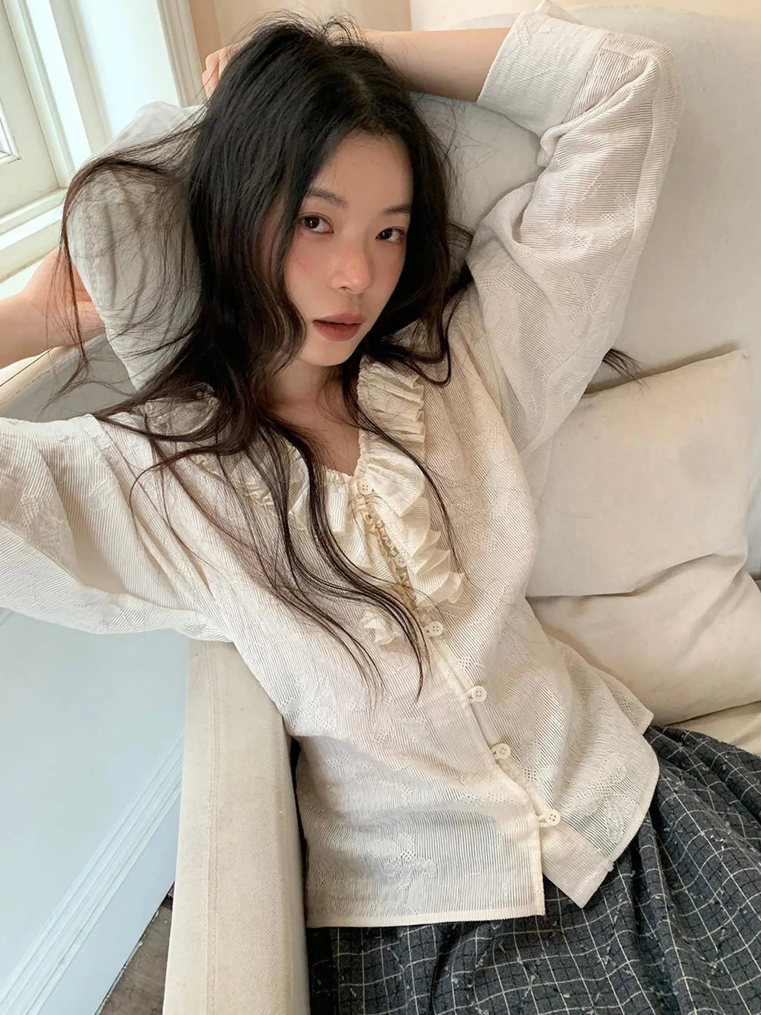 Vintage Lace Trimmed V-Neck Blouse With Floral Lace