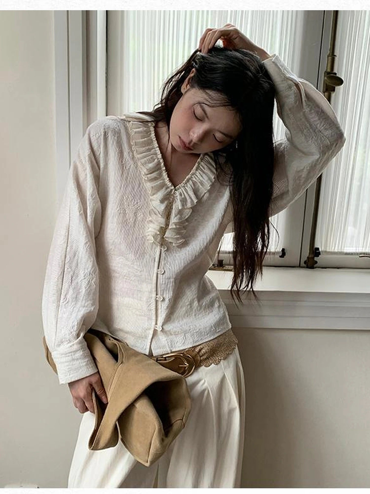 Vintage Lace Trimmed V-Neck Blouse With Floral Lace