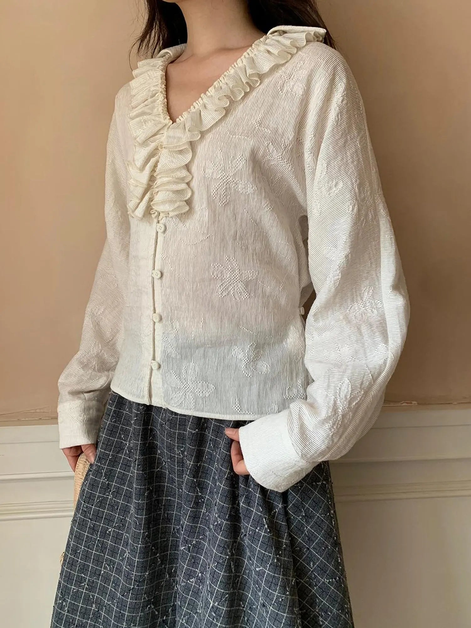 Vintage Lace Trimmed V-Neck Blouse With Floral Lace