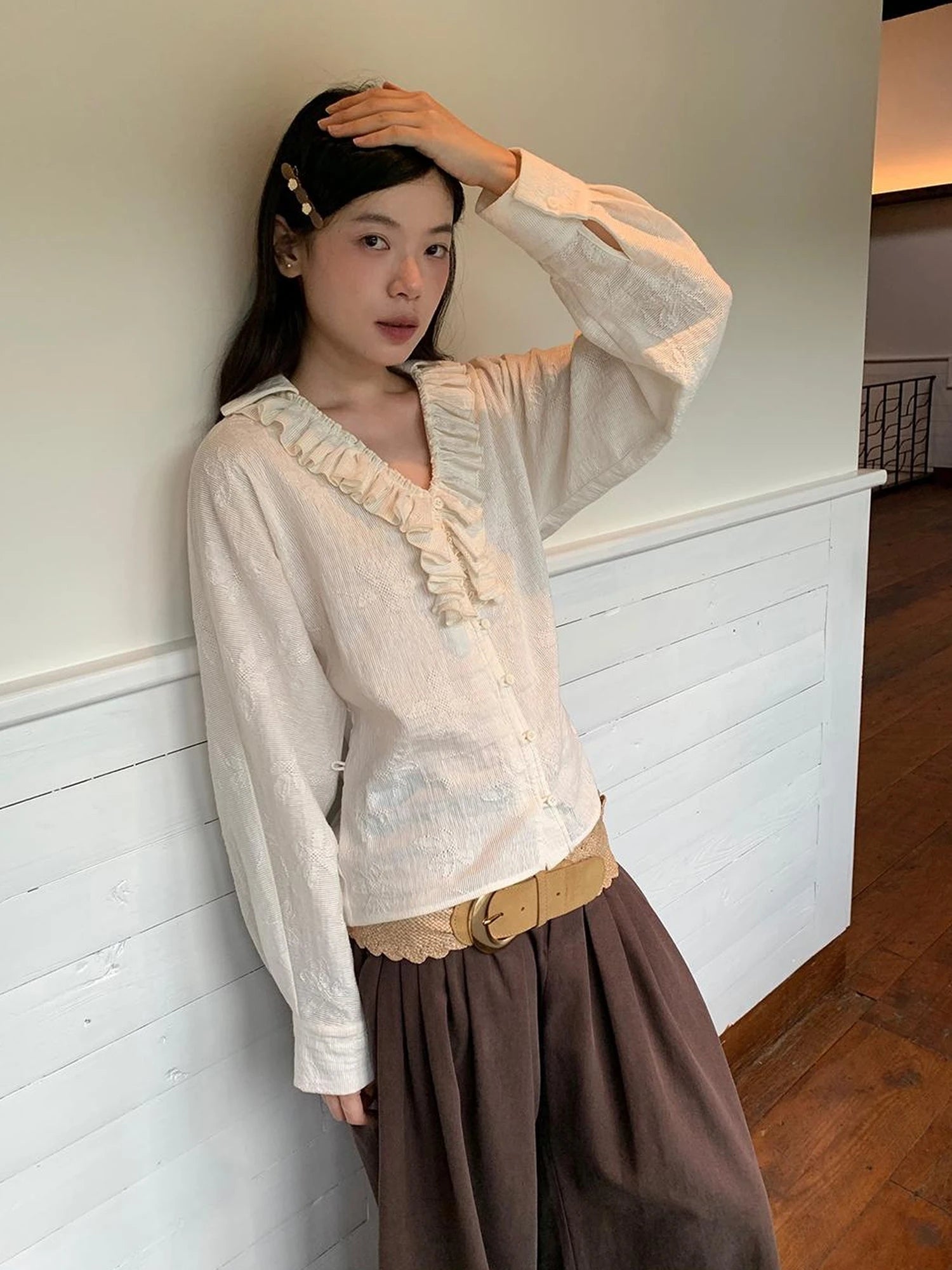 Vintage Lace Trimmed V-Neck Blouse With Floral Lace