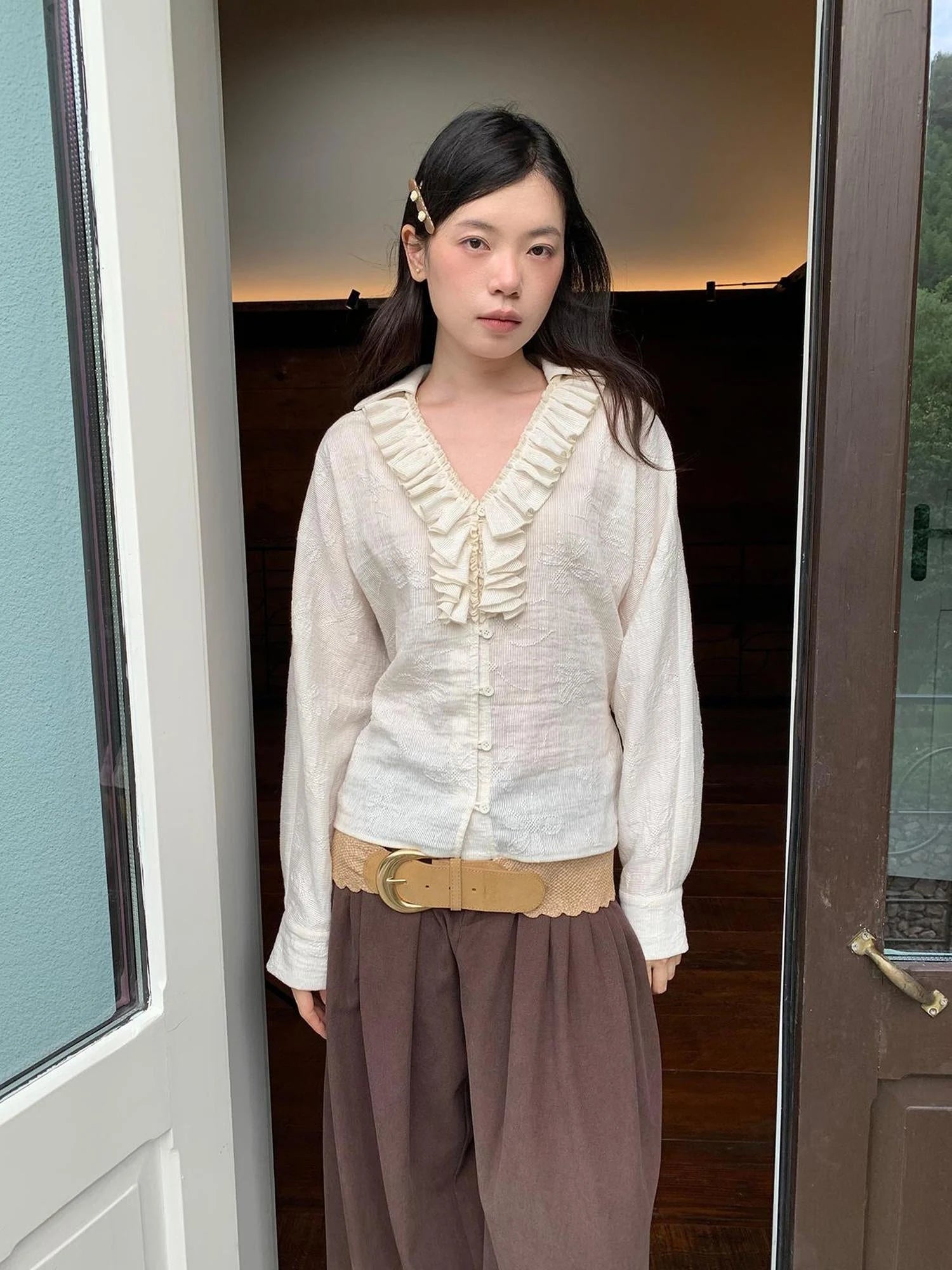 Vintage Lace Trimmed V-Neck Blouse With Floral Lace