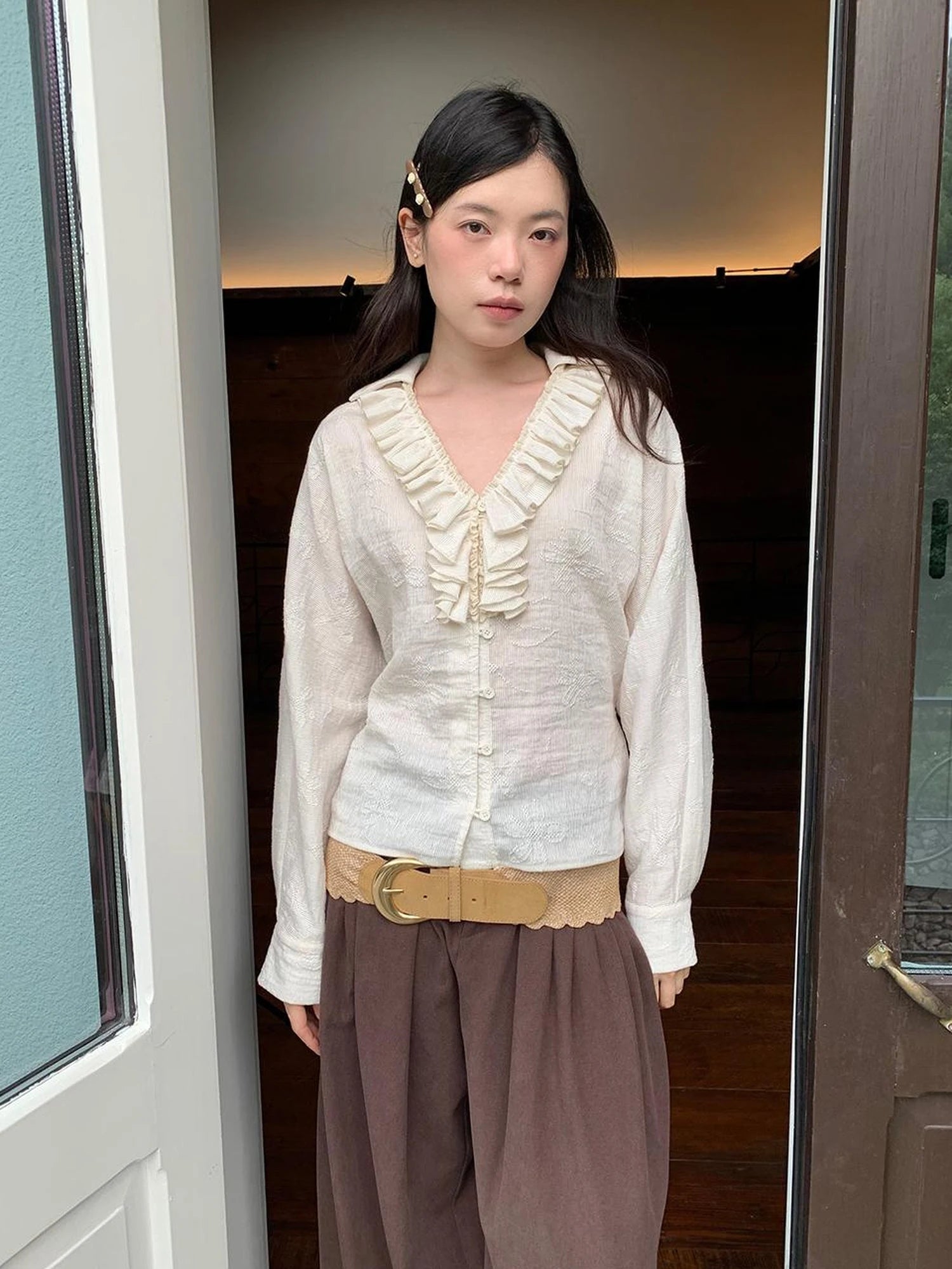 Vintage Lace Trimmed V-Neck Blouse With Floral Lace