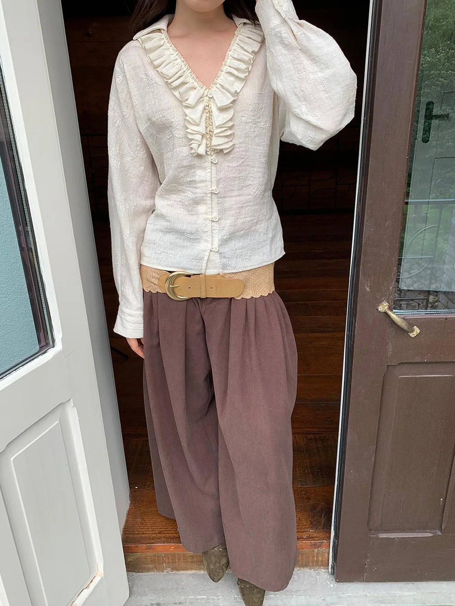 Vintage Lace Trimmed V-Neck Blouse With Floral Lace