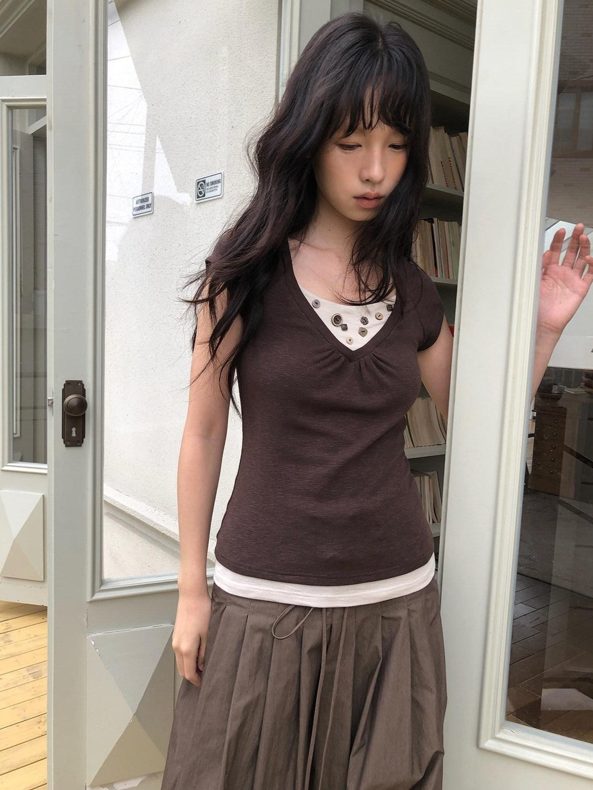 Dorydory Vintage Patchwork Button Faux Layered Women&