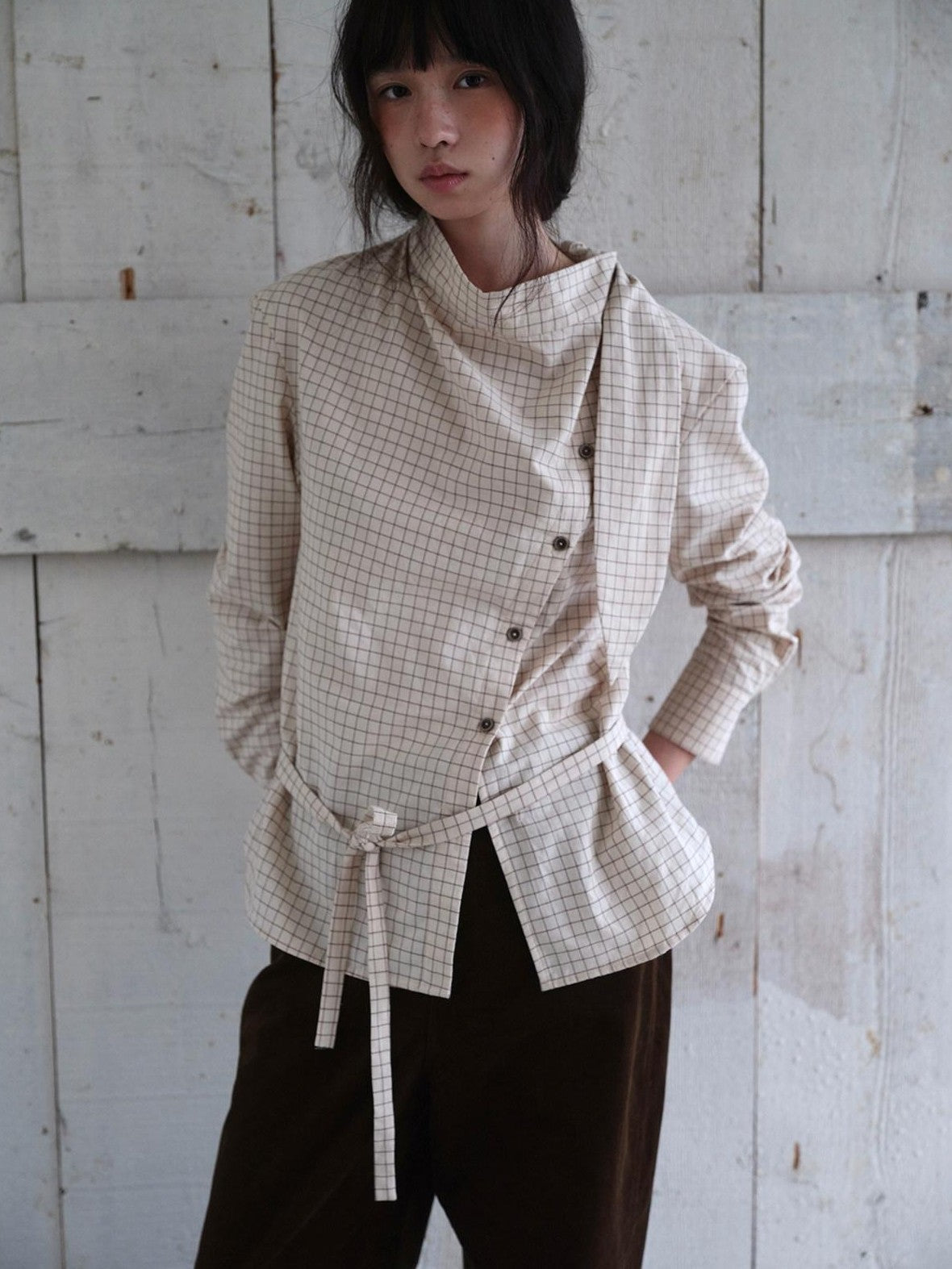 Dorydory Vintage Plaid Mock Neck Button Front Women&