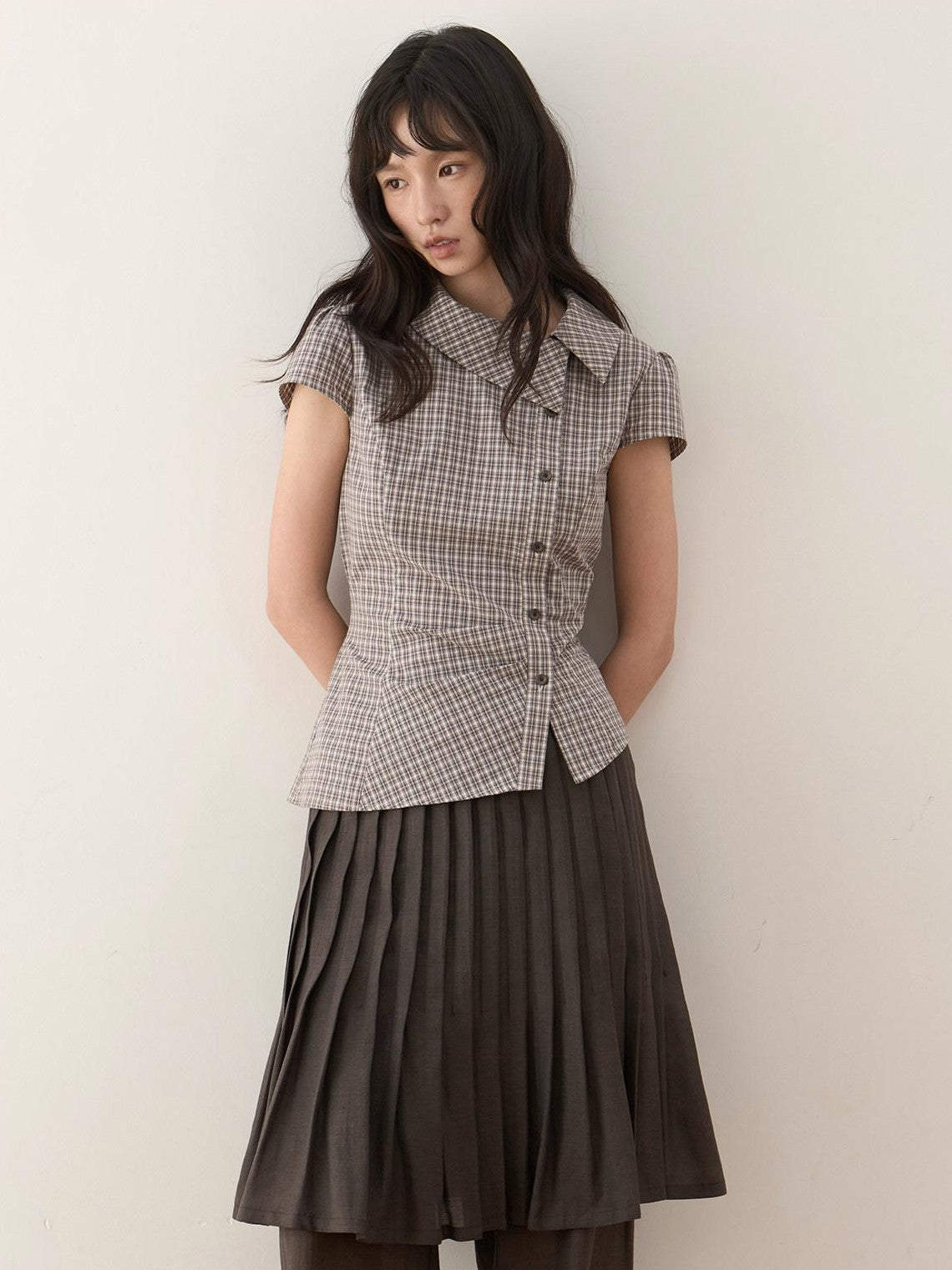 Dorydory Vintage Plaid Side Turnover Collar Women&