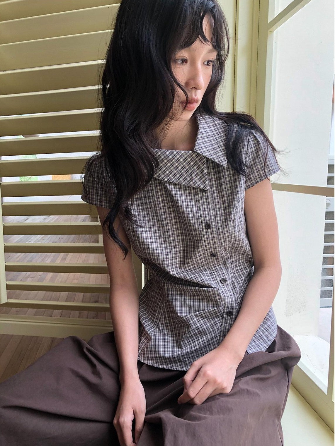 Dorydory Vintage Plaid Side Turnover Collar Women&