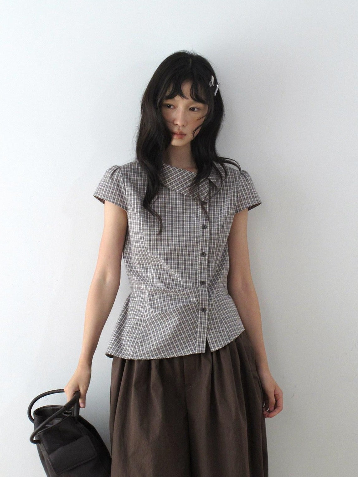 Dorydory Vintage Plaid Side Turnover Collar Women&