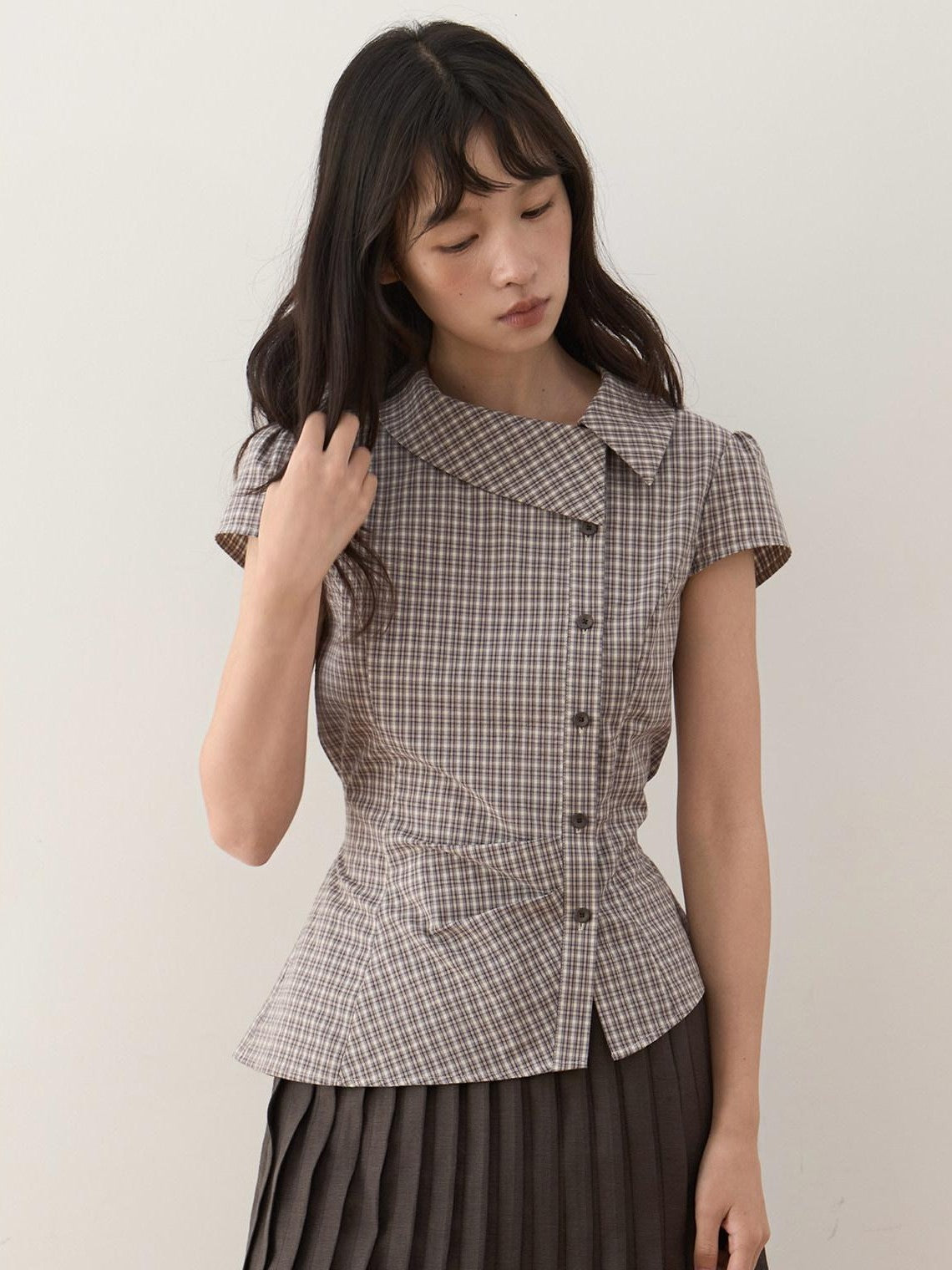 Dorydory Vintage Plaid Side Turnover Collar Women&
