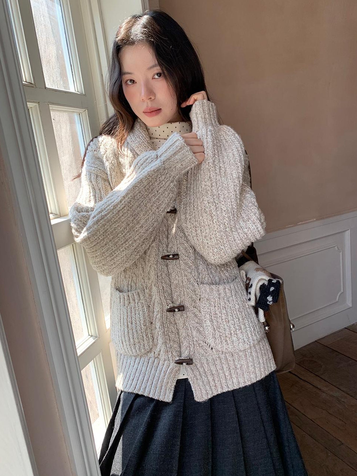 Dorydory Vintage Textured Cable Knit Cardigan With Horn Buttons