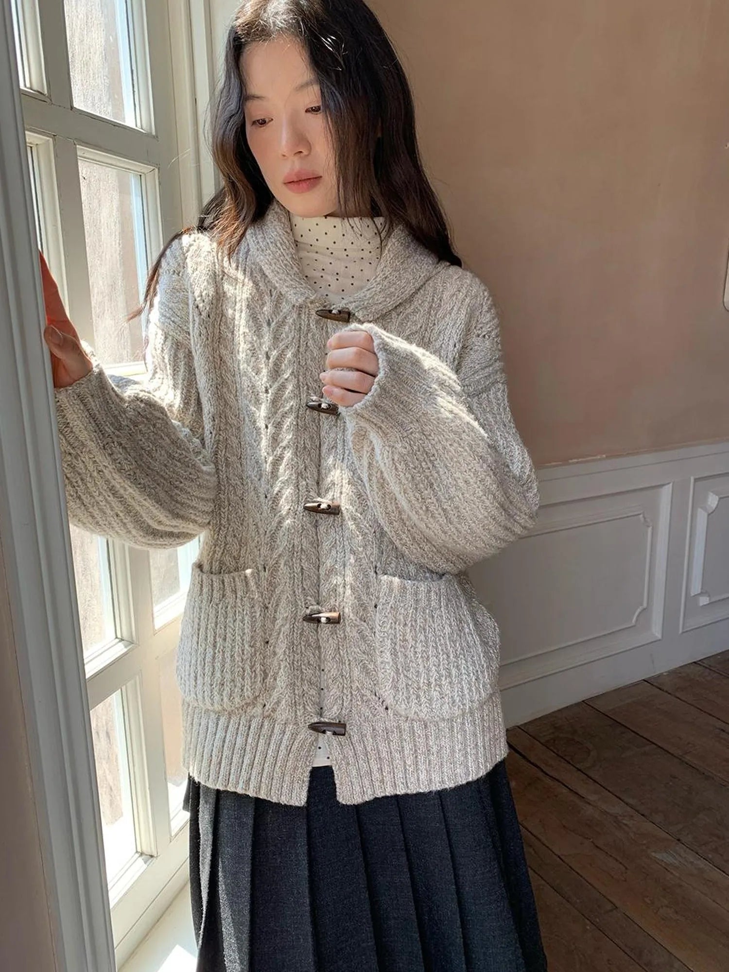 Vintage Textured Cable Knit Cardigan With Horn Buttons