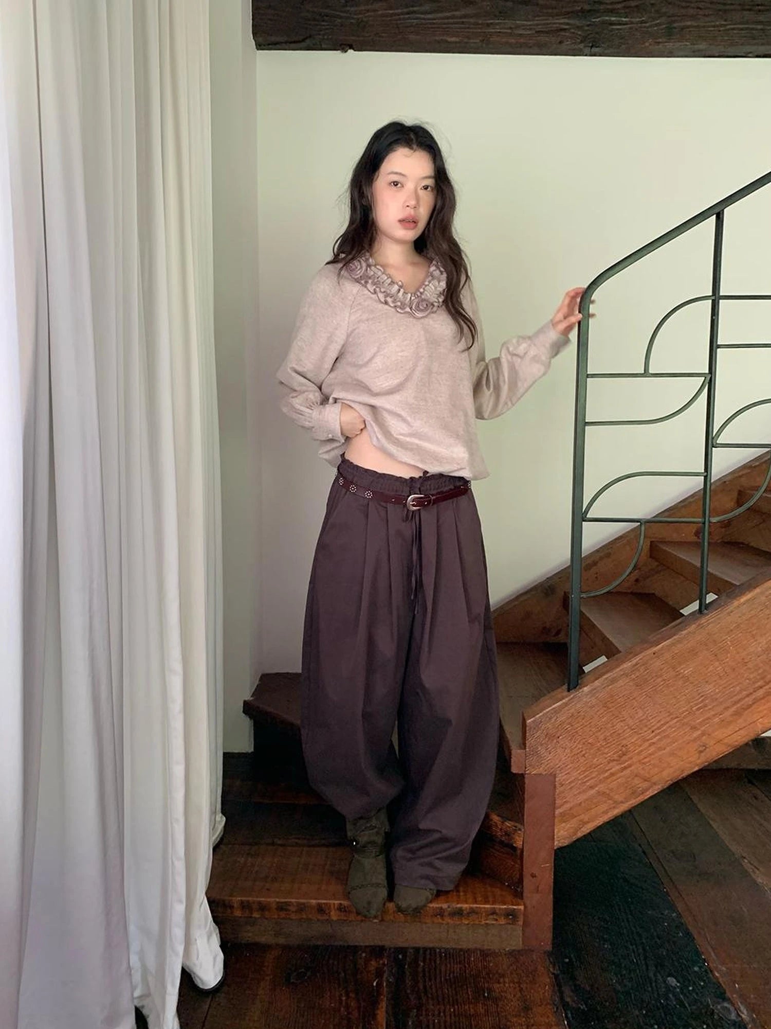 Vintage Tie Waist Relaxed Balloon Trousers