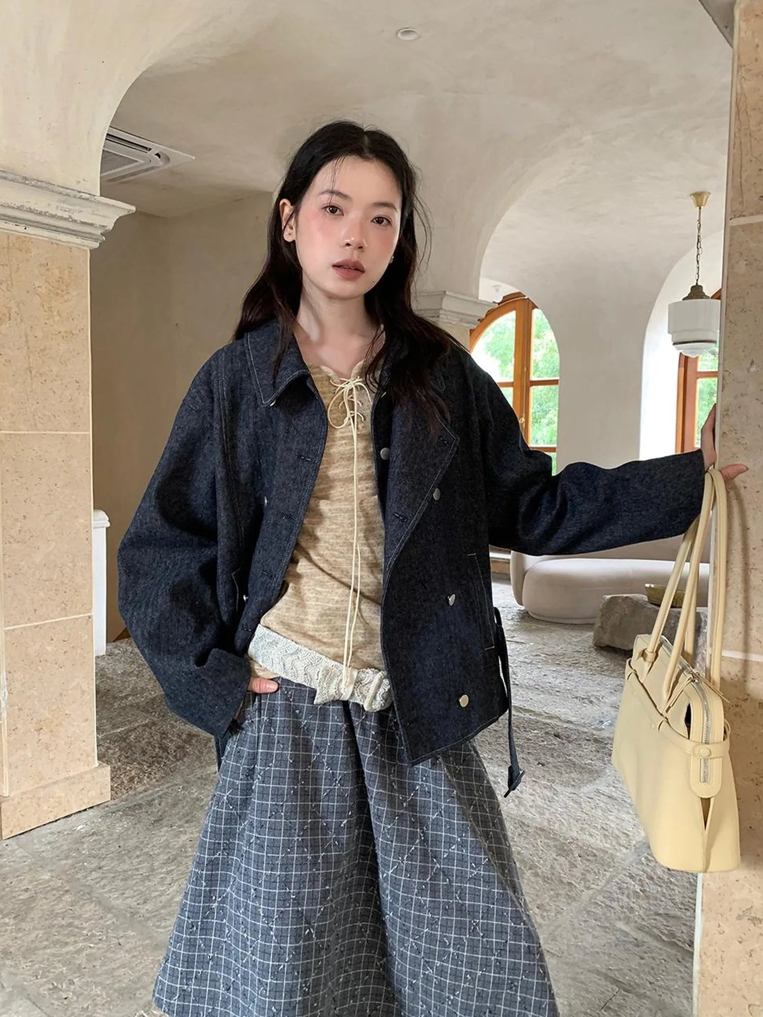 Vintage Washed Linen Denim Double Breasted Cropped Jacket