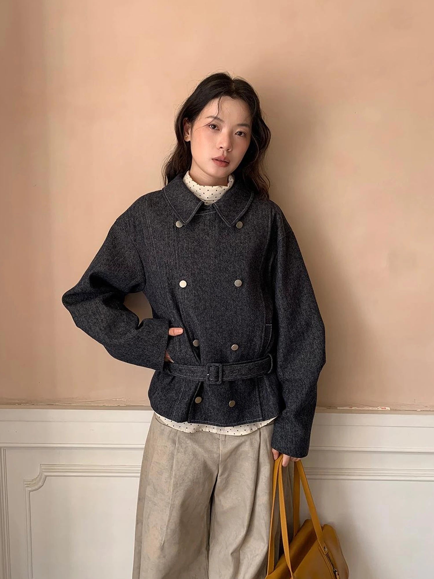 Vintage Washed Linen Denim Double Breasted Cropped Jacket