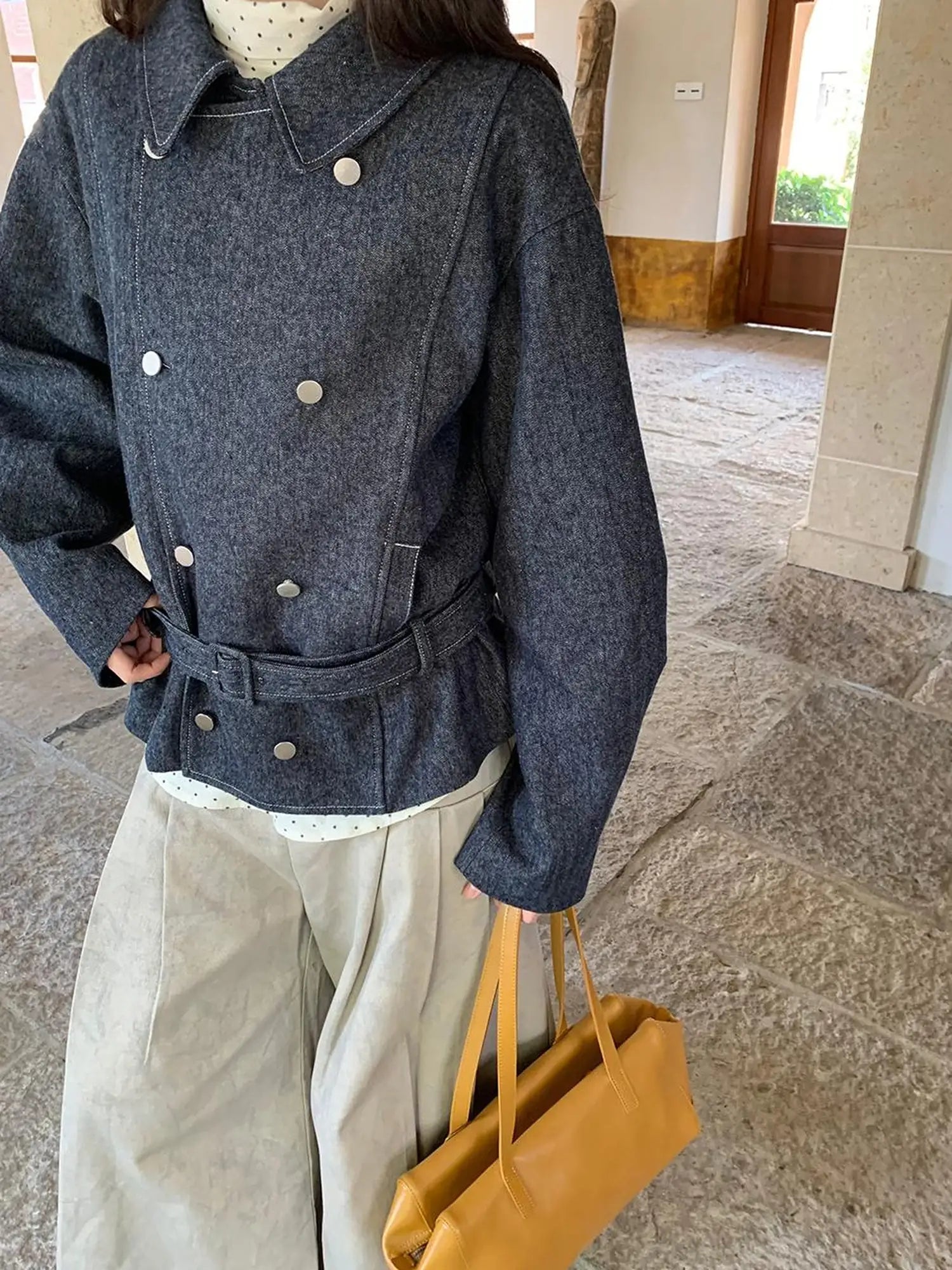 Vintage Washed Linen Denim Double Breasted Cropped Jacket