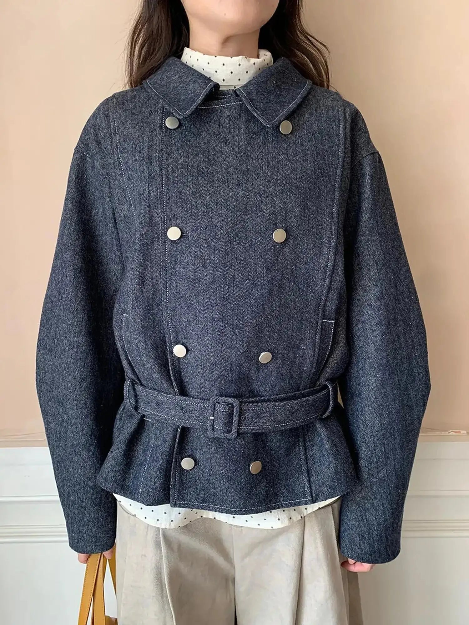 Vintage Washed Linen Denim Double Breasted Cropped Jacket