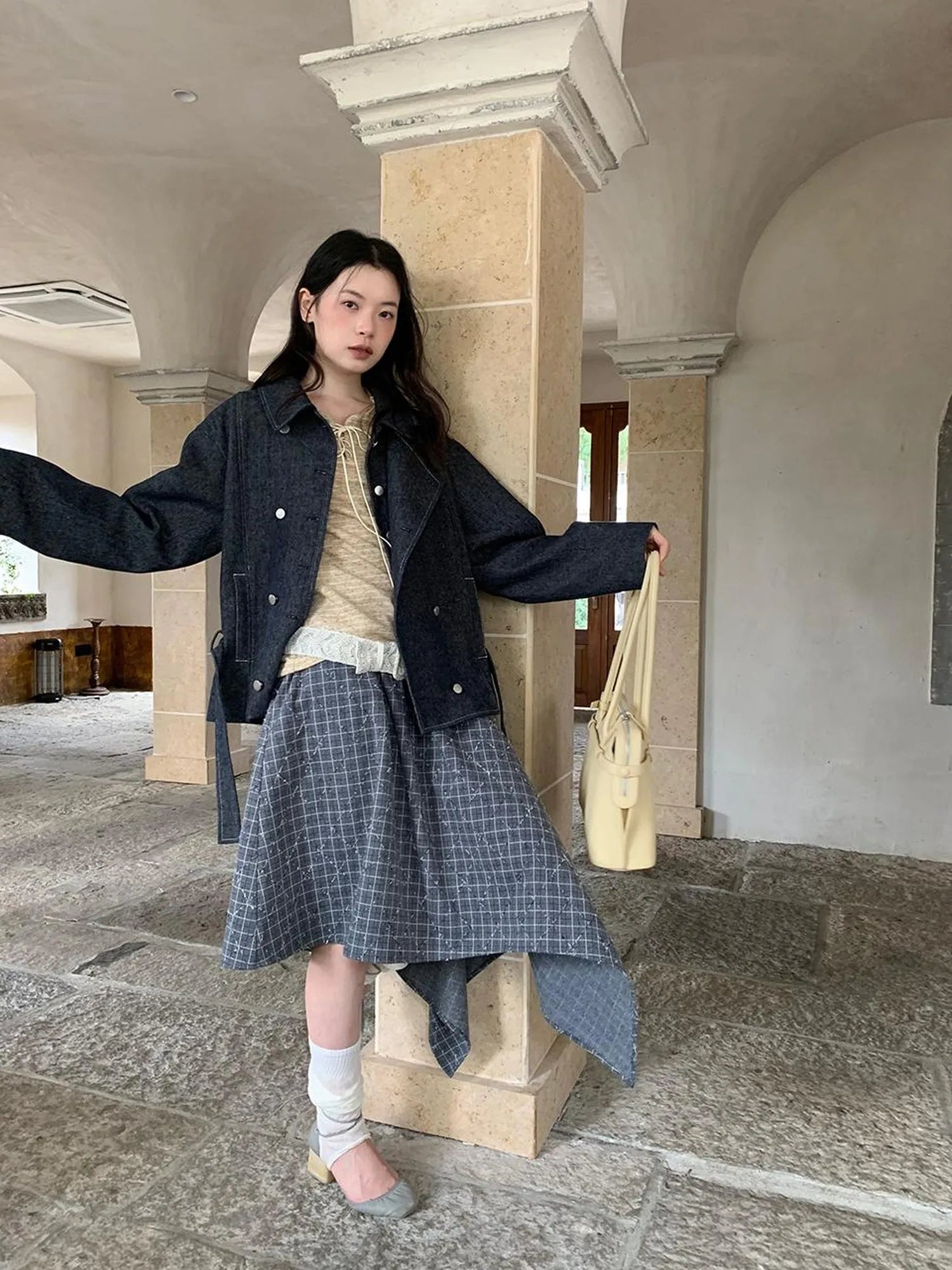 Vintage Washed Linen Denim Double Breasted Cropped Jacket