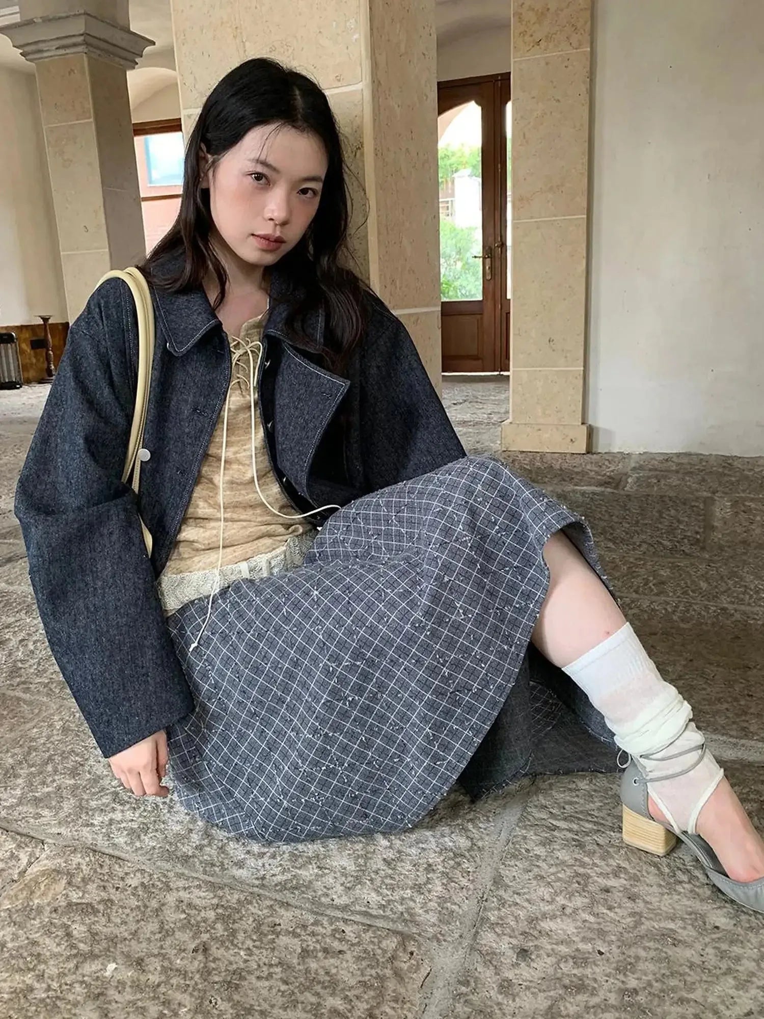 Vintage Washed Linen Denim Double Breasted Cropped Jacket