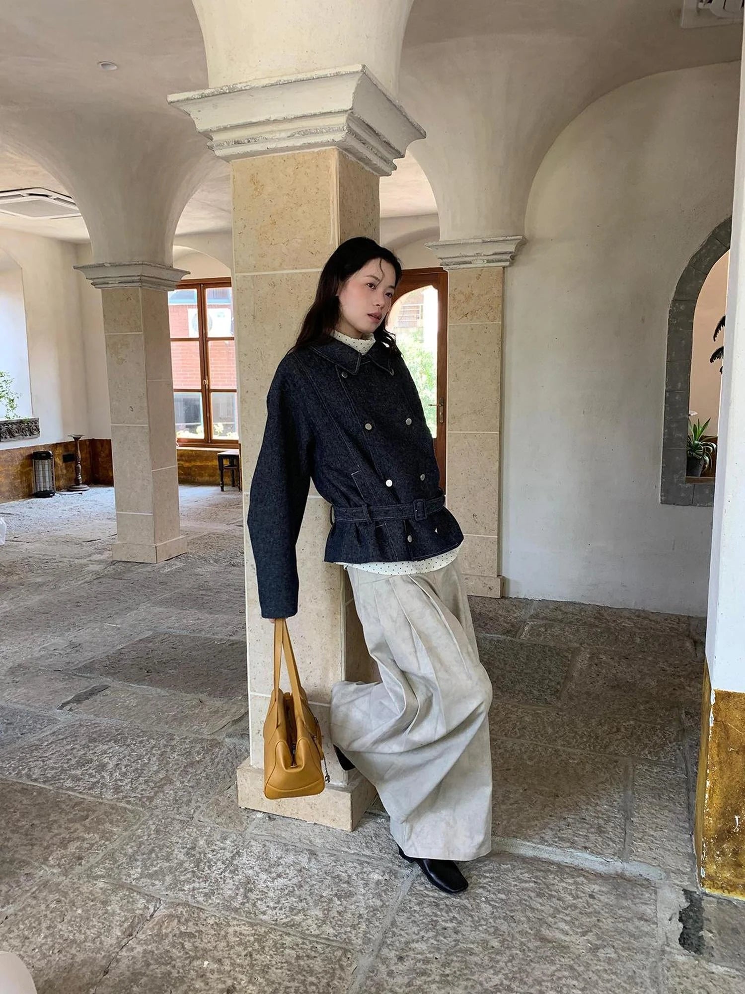 Vintage Washed Linen Denim Double Breasted Cropped Jacket