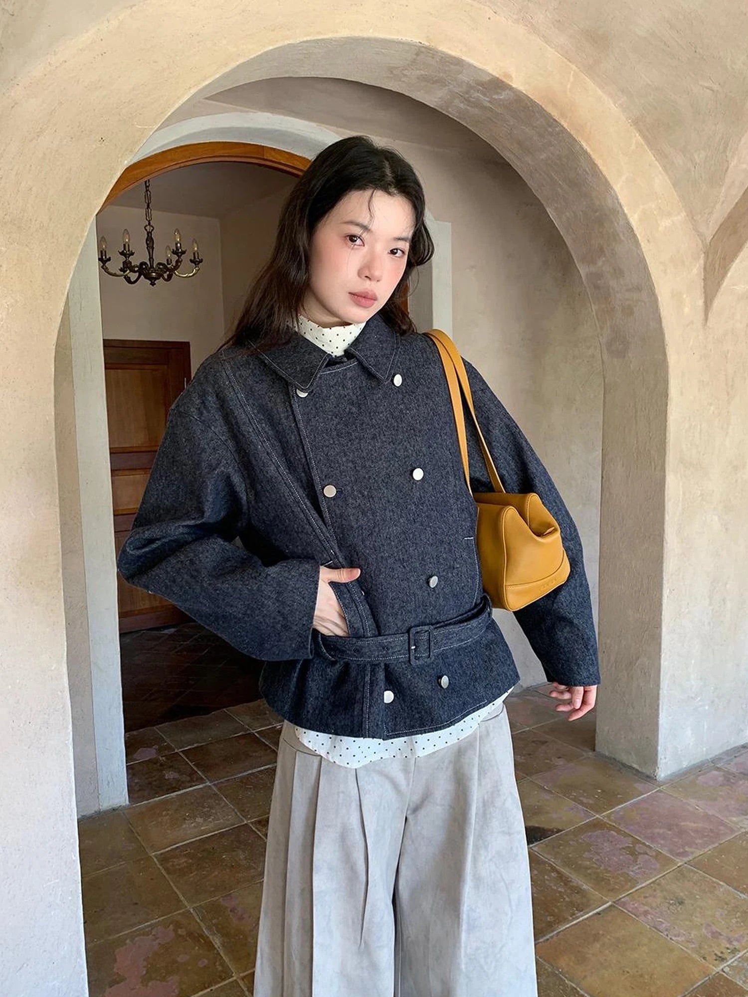 Vintage Washed Linen Denim Double Breasted Cropped Jacket