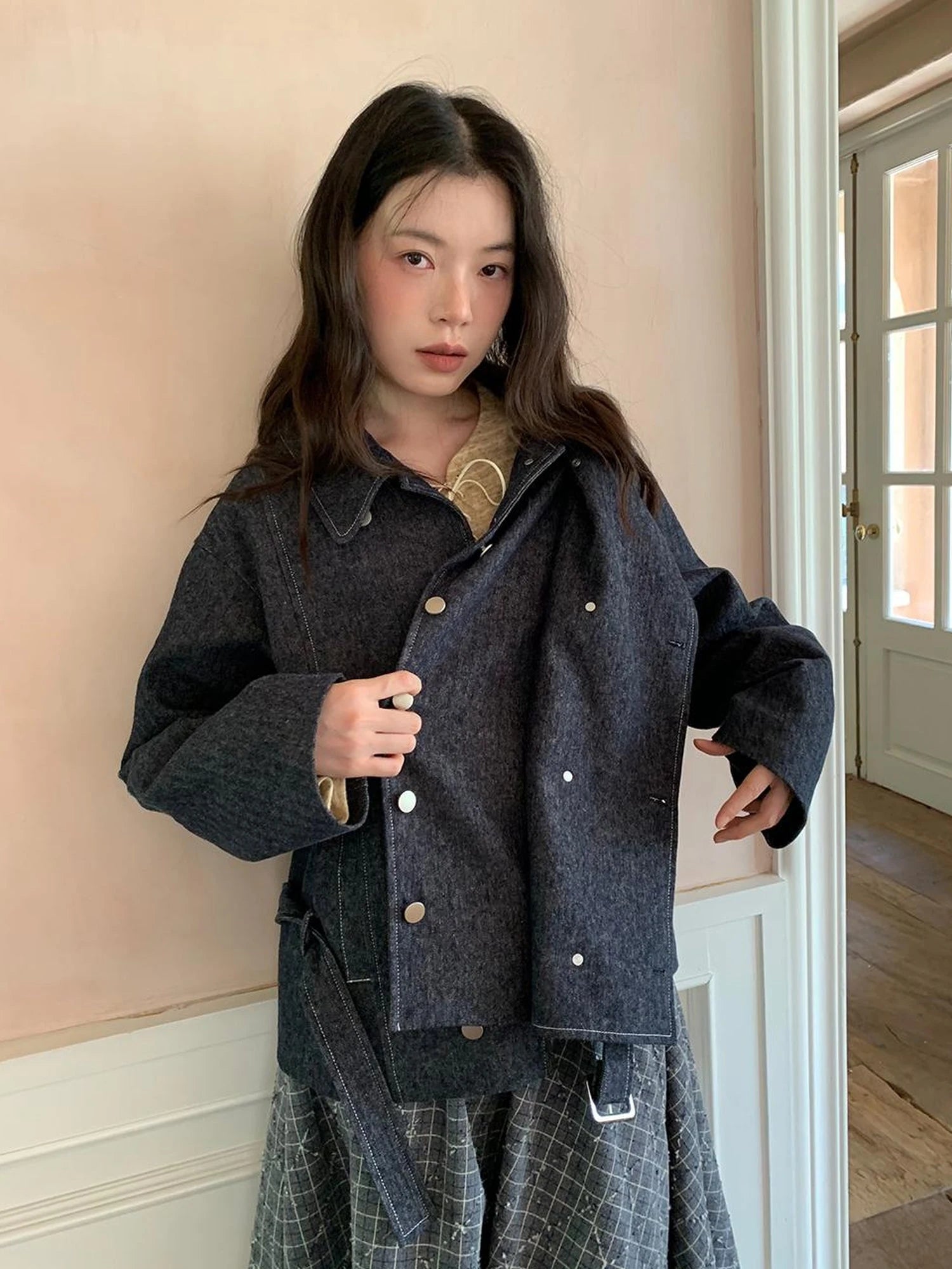 Vintage Washed Linen Denim Double Breasted Cropped Jacket