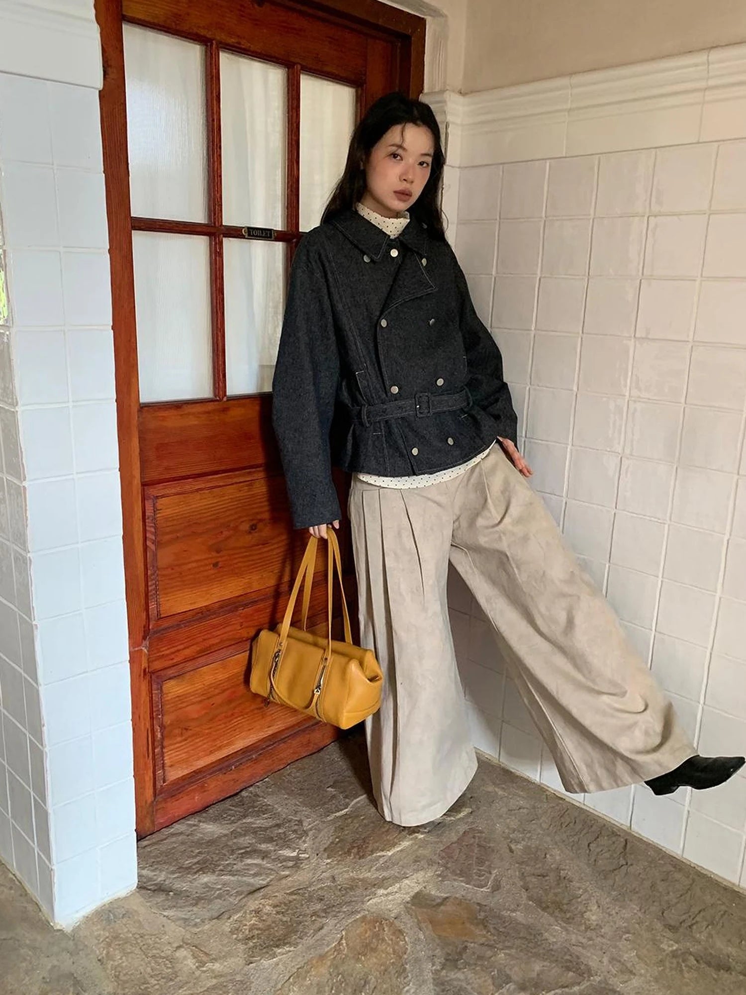 Vintage Washed Linen Denim Double Breasted Cropped Jacket